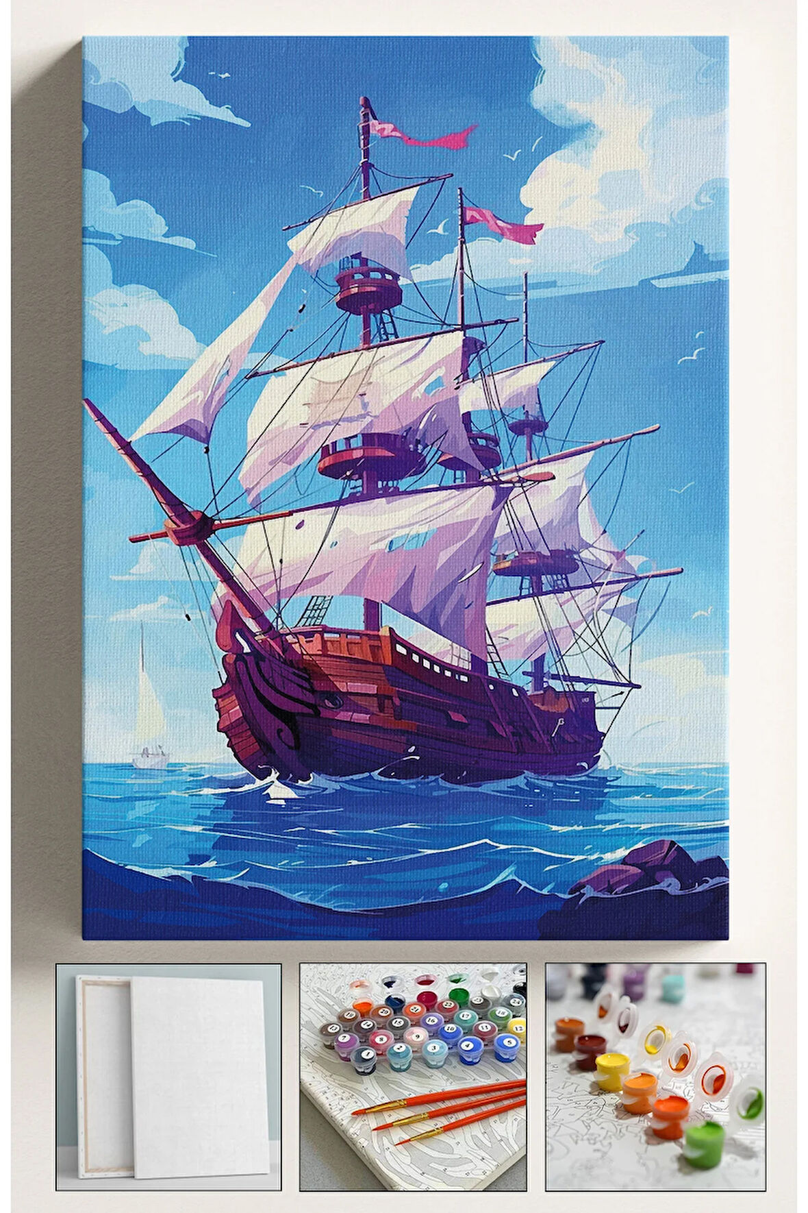 Sayılarla Boyama Hobi Seti Çerçeveli Numaralı Tuval Fırça Boya Dahil Kasnaklı GEMİ 40x50 Cm
