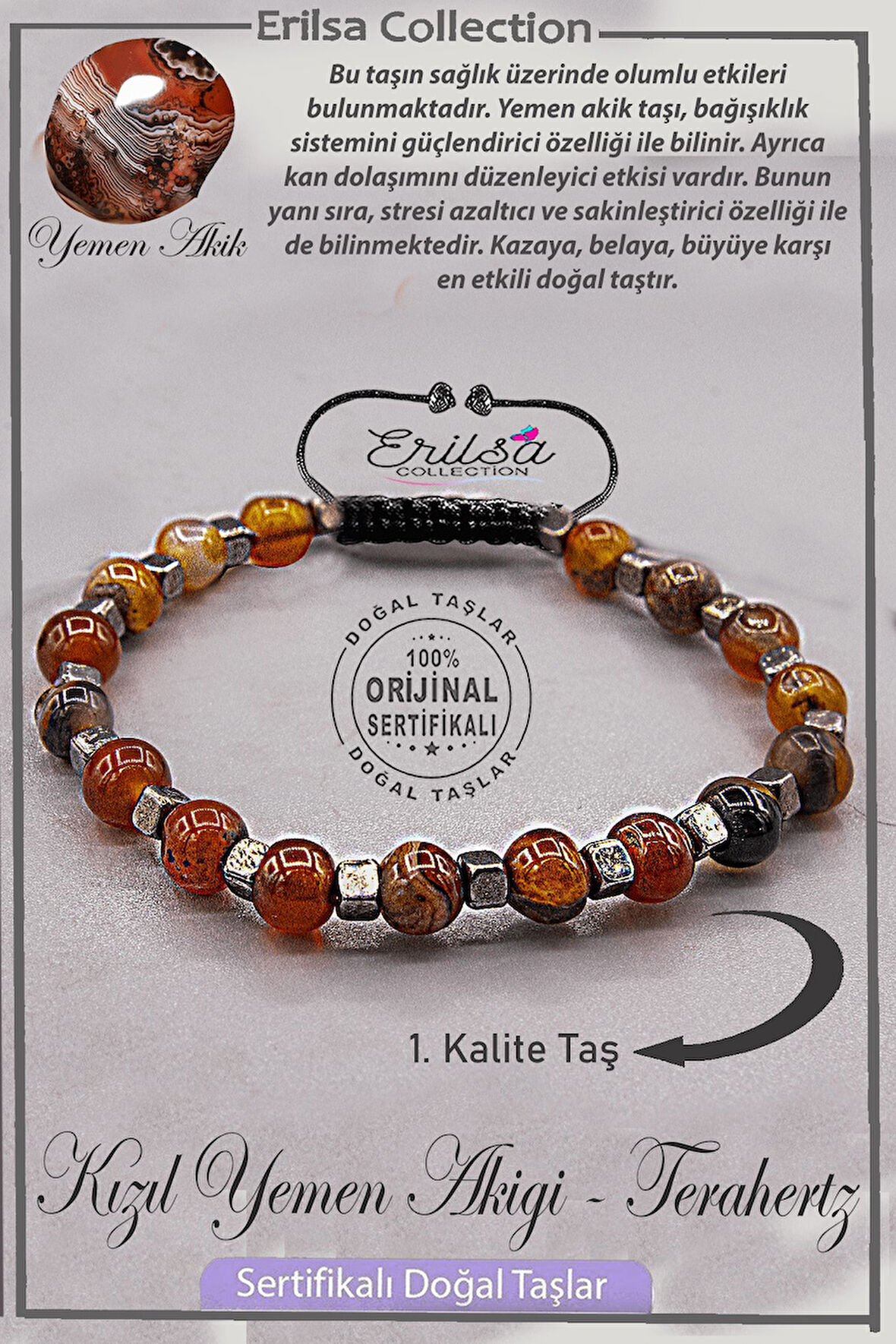 Sertifikalı AAA+ Kalite Gerçek Terahertz - Kızıl Yemen Akik Taşı Bileklik