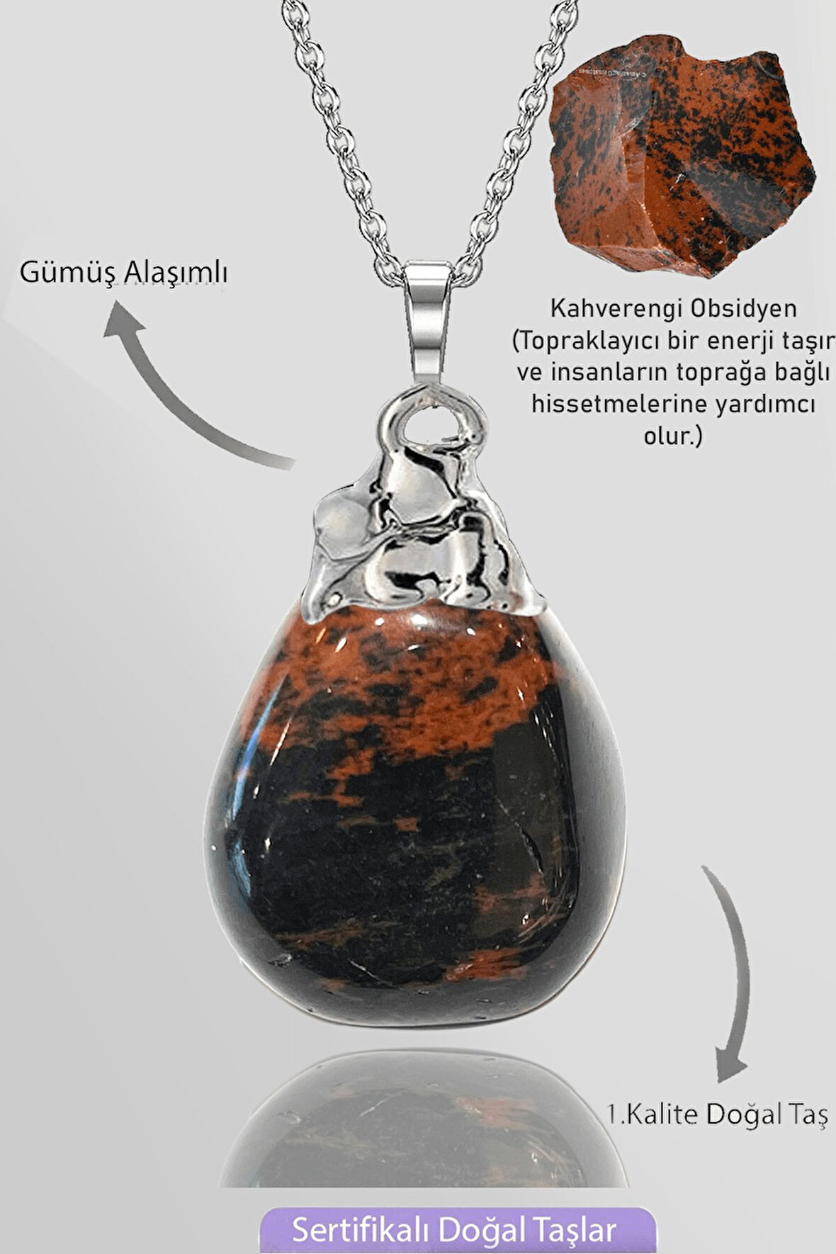 Sertifikalı Tamburlanmış Ham Kahverengi Obsidyen Taşı Kolye