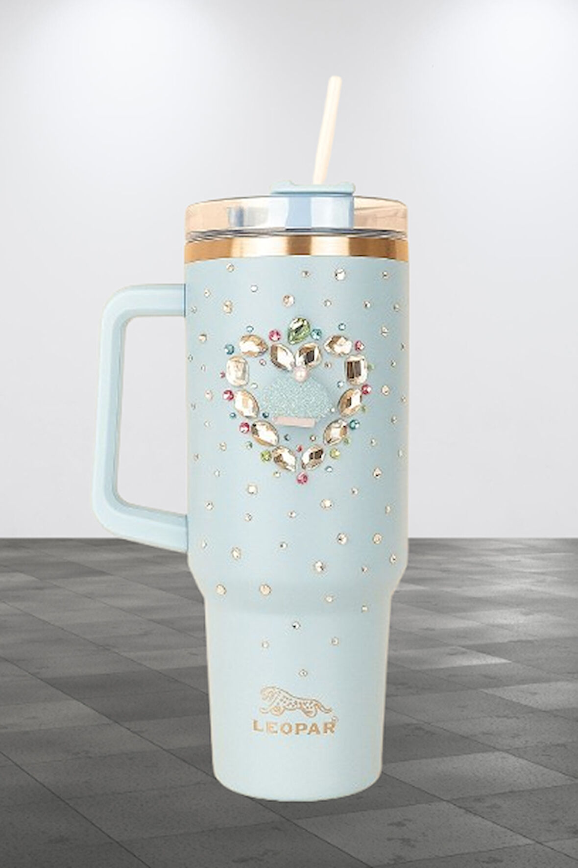 Pipetli 1,2 litre Kulplu Çelik Termos Renkli Üzeri Taş İşlemeli