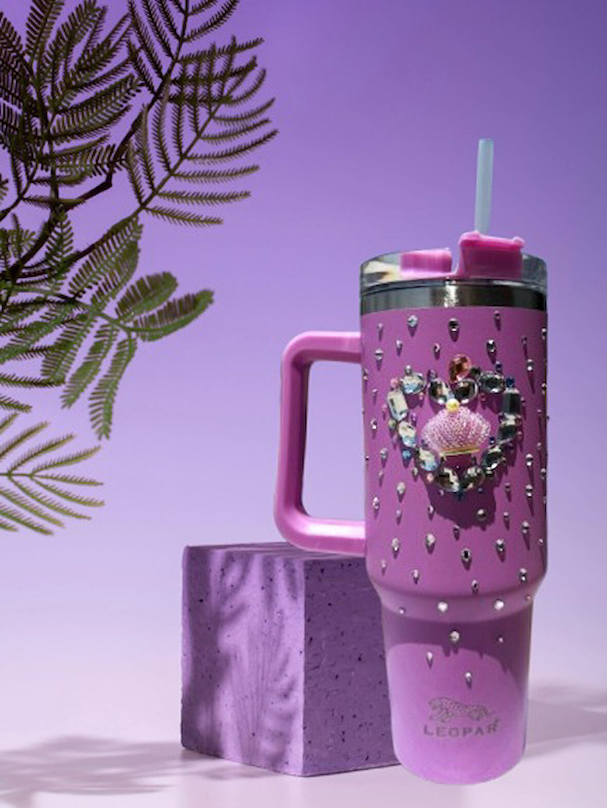 Pipetli 1,2 litre Kulplu Çelik Termos Renkli Üzeri Taş İşlemeli