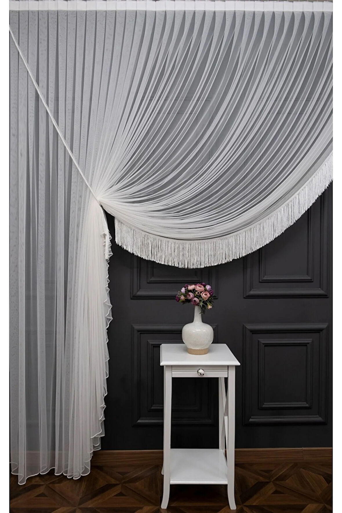 Grek Petek Sol Yalancı Kruvaze -Halat İle Yana Toplamalı-Tek Kanat Püskülü -Eteği Kurşunlu Tül Perde