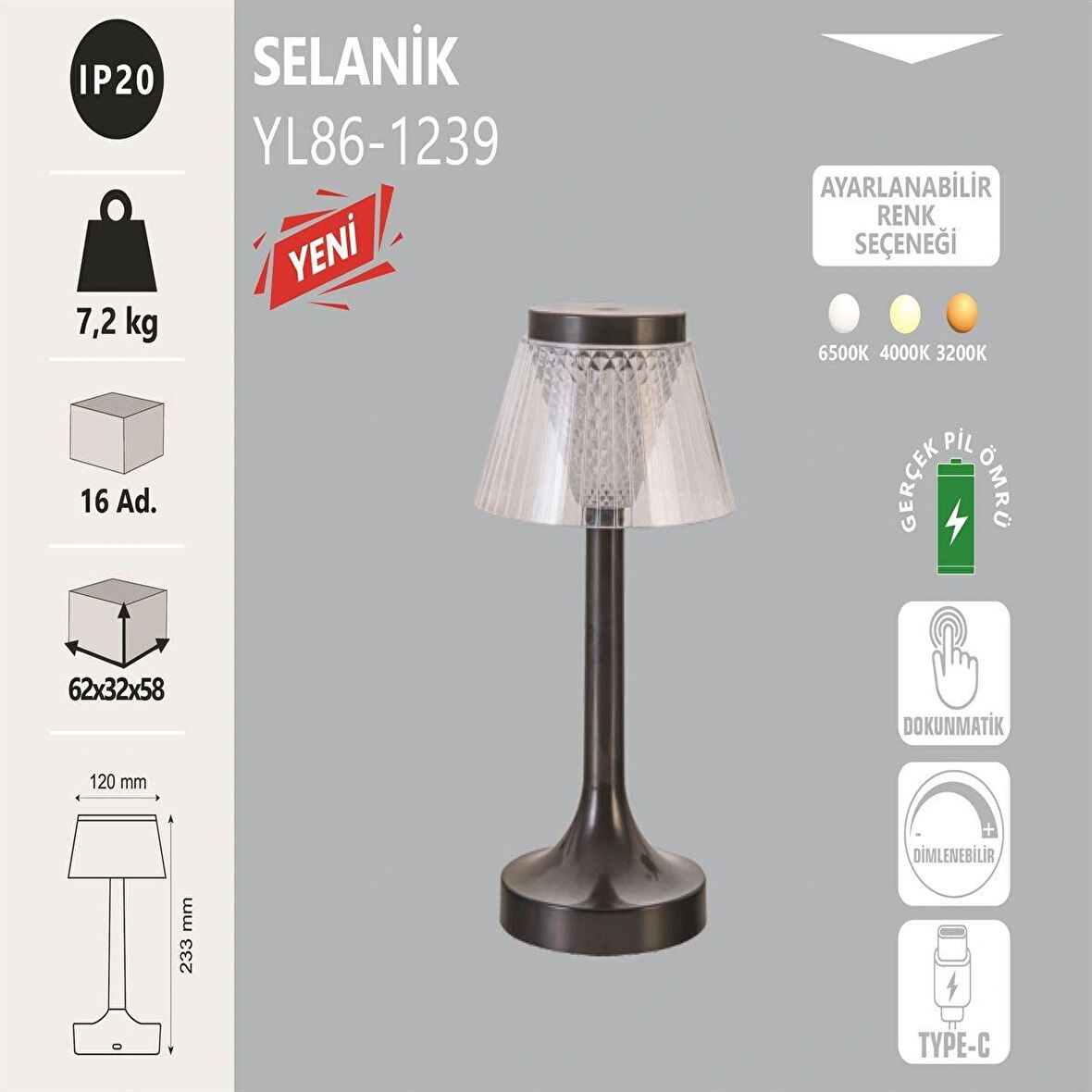 Noas Masa Lambası Selanik, Şarj Edilebilir, Dokunmatik, Dimlenebilir, Type-C, 3 Renk, 120x233mm