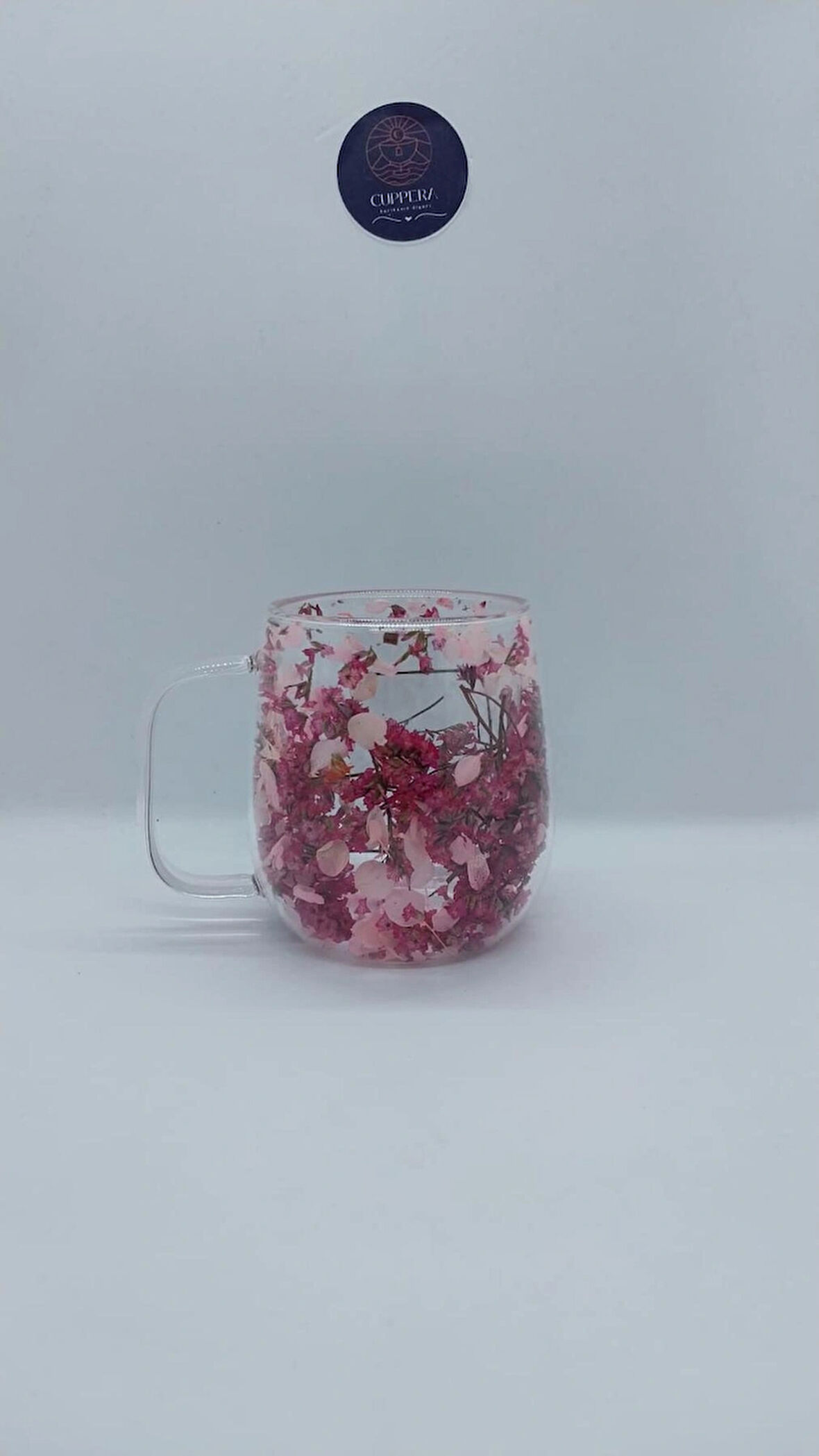 Isıya Dayanıklı Çift Cidarlı Kurutulmuş Canlı Çiçekli Kupa (Yoğun Mor)