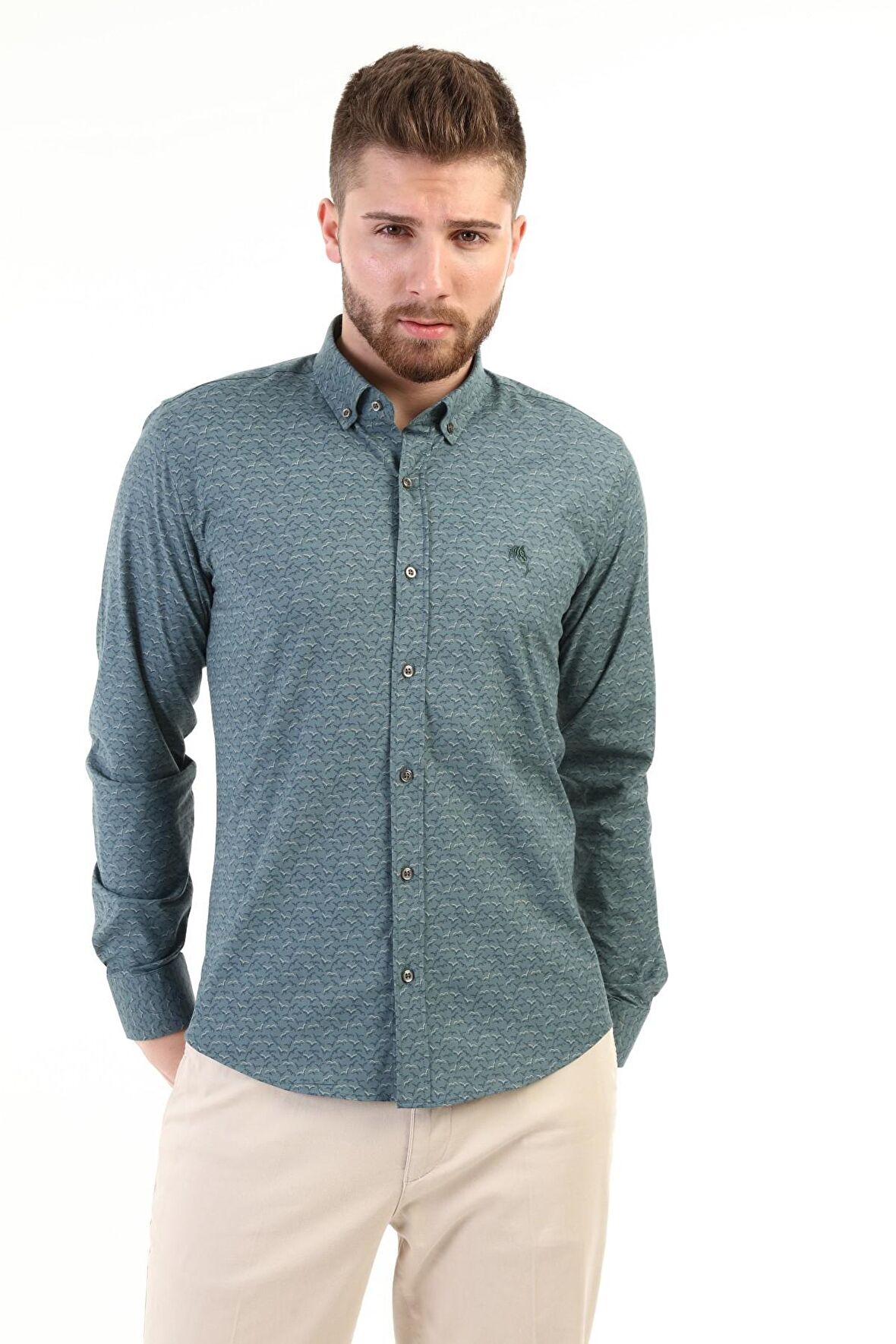 Erkek Kuş Desenli Slimfit Gömlek