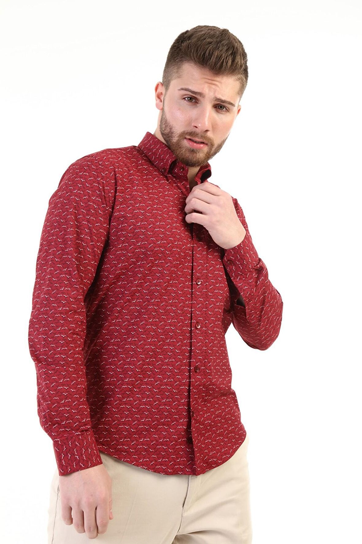 Erkek Kuş Desenli Slimfit Gömlek