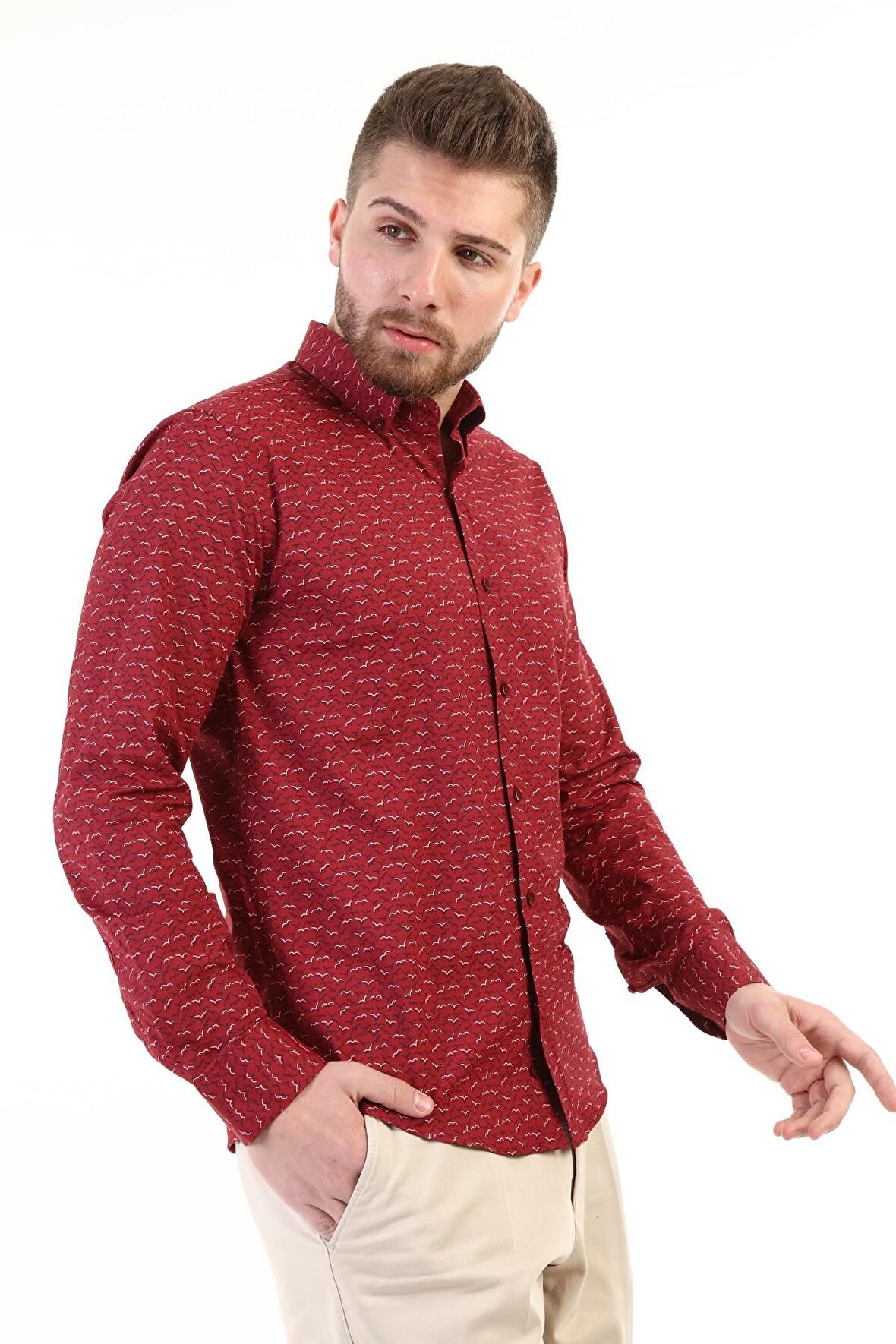 Erkek Kuş Desenli Slimfit Gömlek