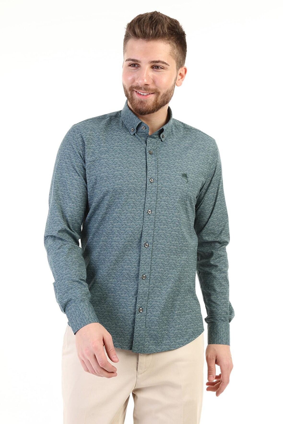Erkek Kuş Desenli Slimfit Gömlek
