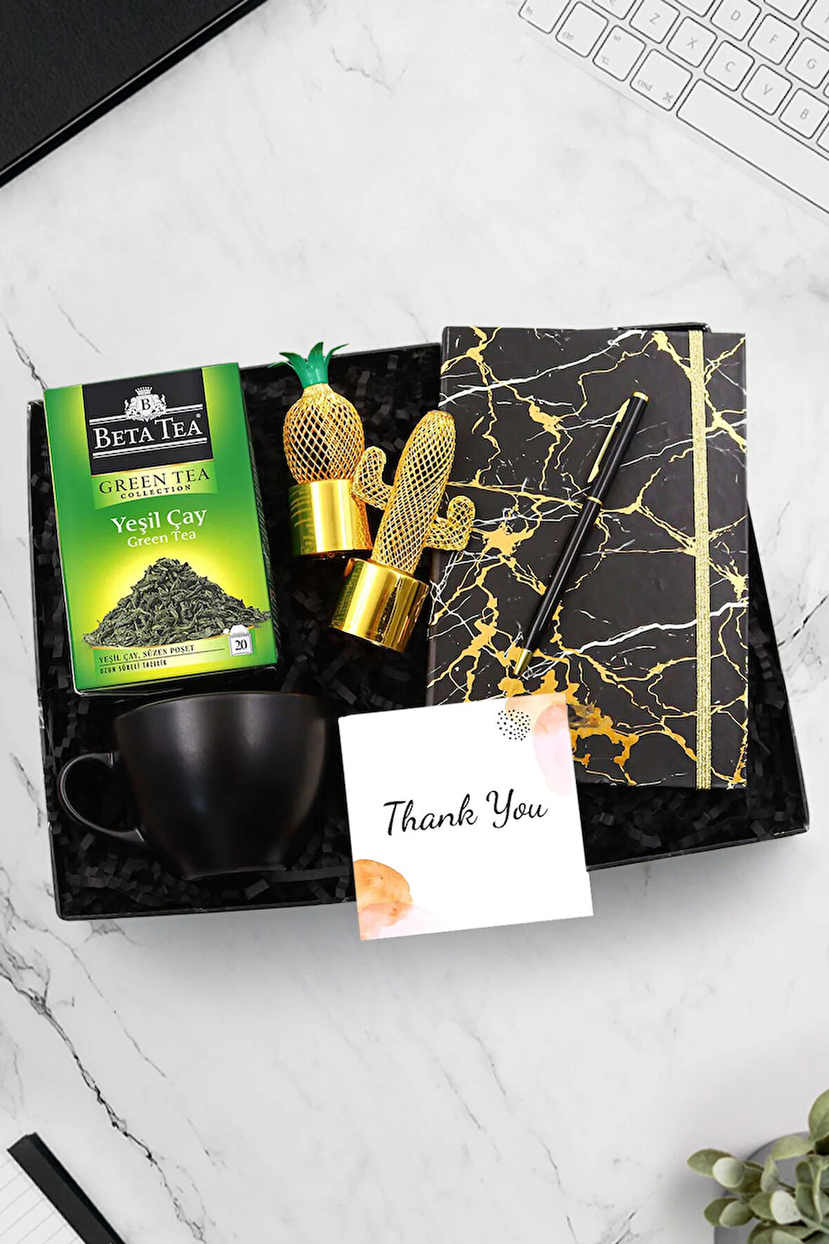 Mermer Defter-Gold Siyah Tükenmez Kalem-Beta Tea Çay-Siyah Kupa-Kaktüs Ananas Led Lamba Hediye Seti