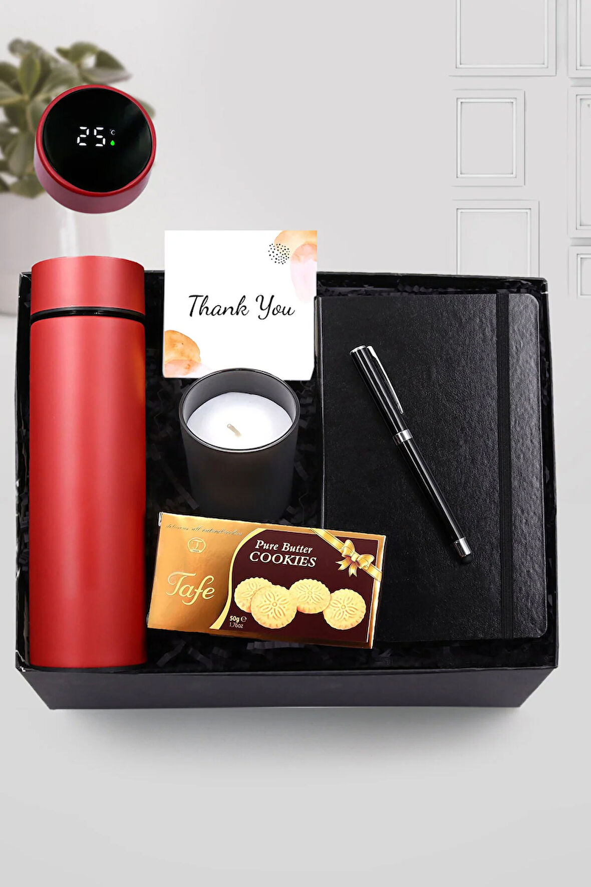 500 ML Kırmızı Dereceli Termos-Vanilya Bardak Mum-Siyah Defter-Siyah Touch Pen-Kurabiye Hediye Seti
