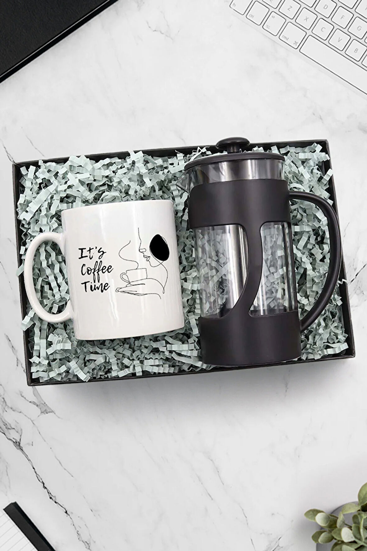 Baskılı Kupa & Siyah Renk French Press Hediye Seti
