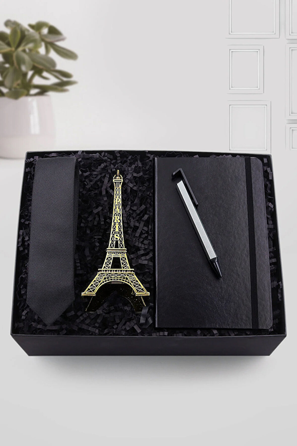 Siyah Defter & Gri Telefon Tutuculu Tükenmez Kalem & Eyfel Kulesi Biblo & Siyah Kravat Hediye Seti