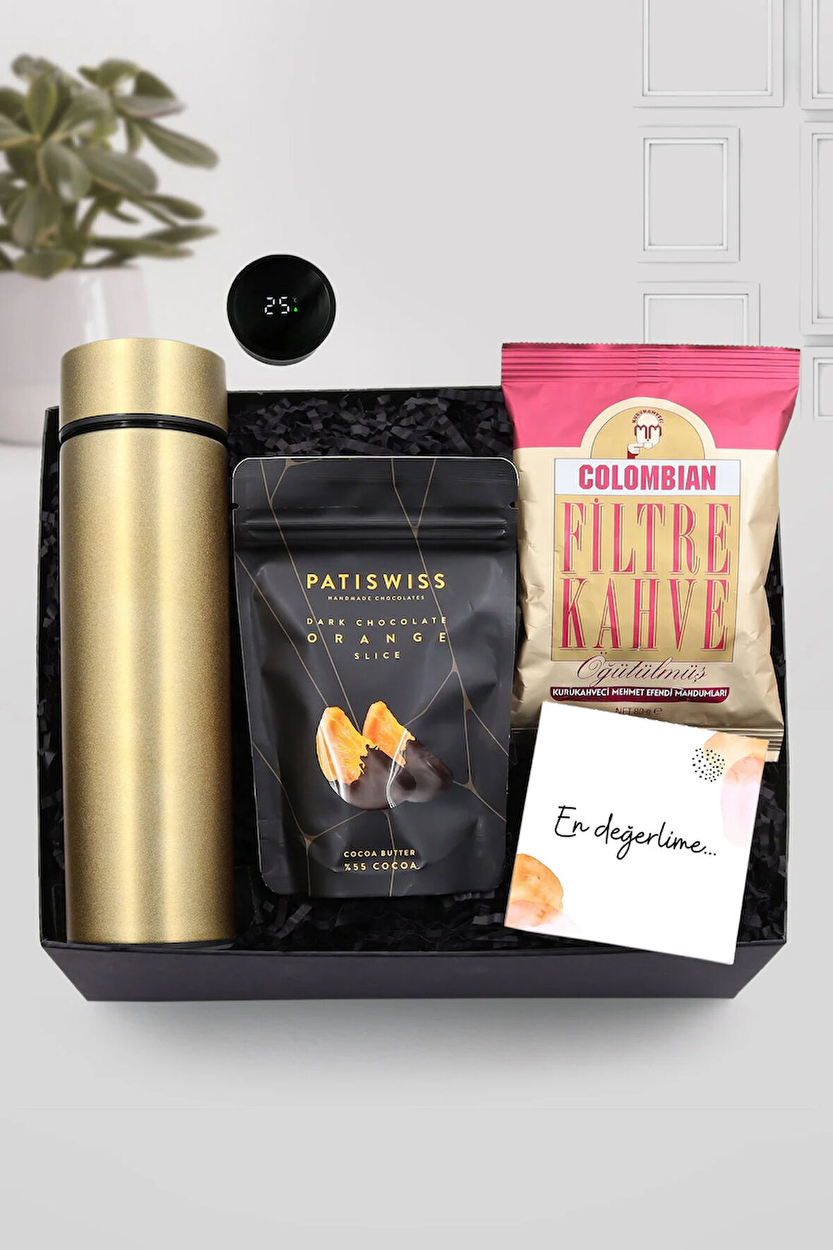 500 ML Gold Dereceli Termos & Patiswiss Bitter Portakal Dilimi & Colombian Filtre Kahve Hediye Seti