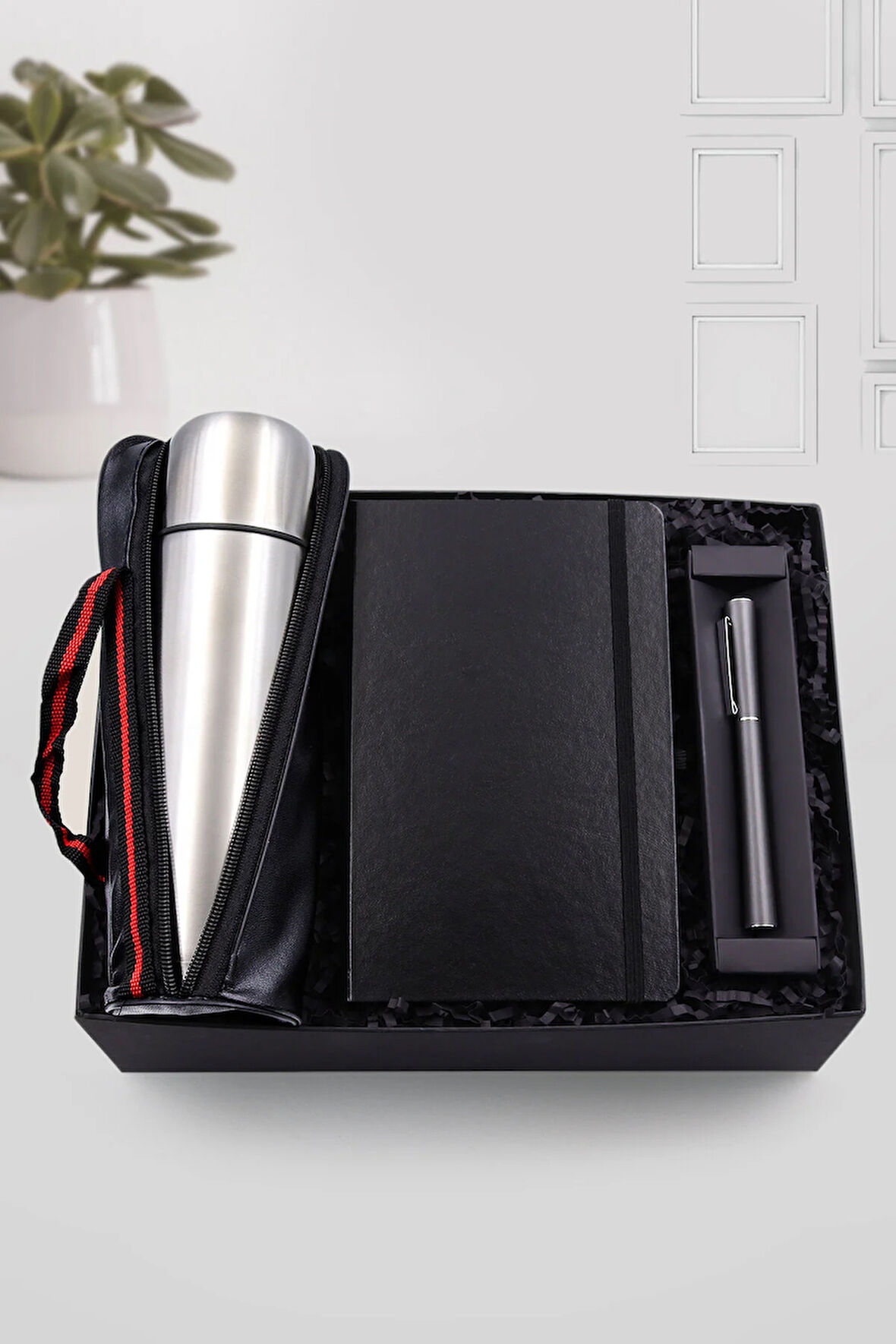 500 ML Deri Çantalı Gri Çelik Termos & Siyah Defter & Gri Renk Roller Kalem Hediye Seti