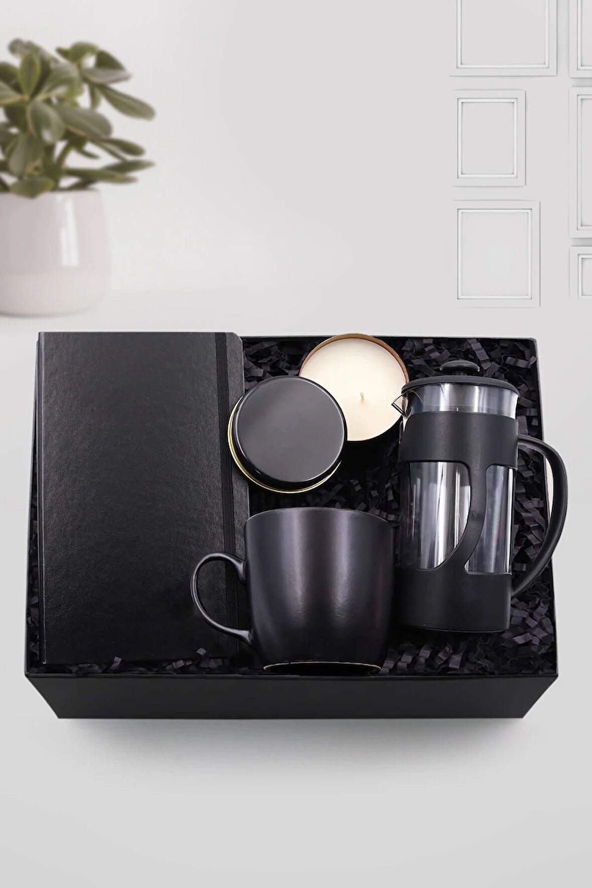 Siyah Defter & Metal Kutulu Mum & Siyah Kupa & Siyah French Press Hediye Seti