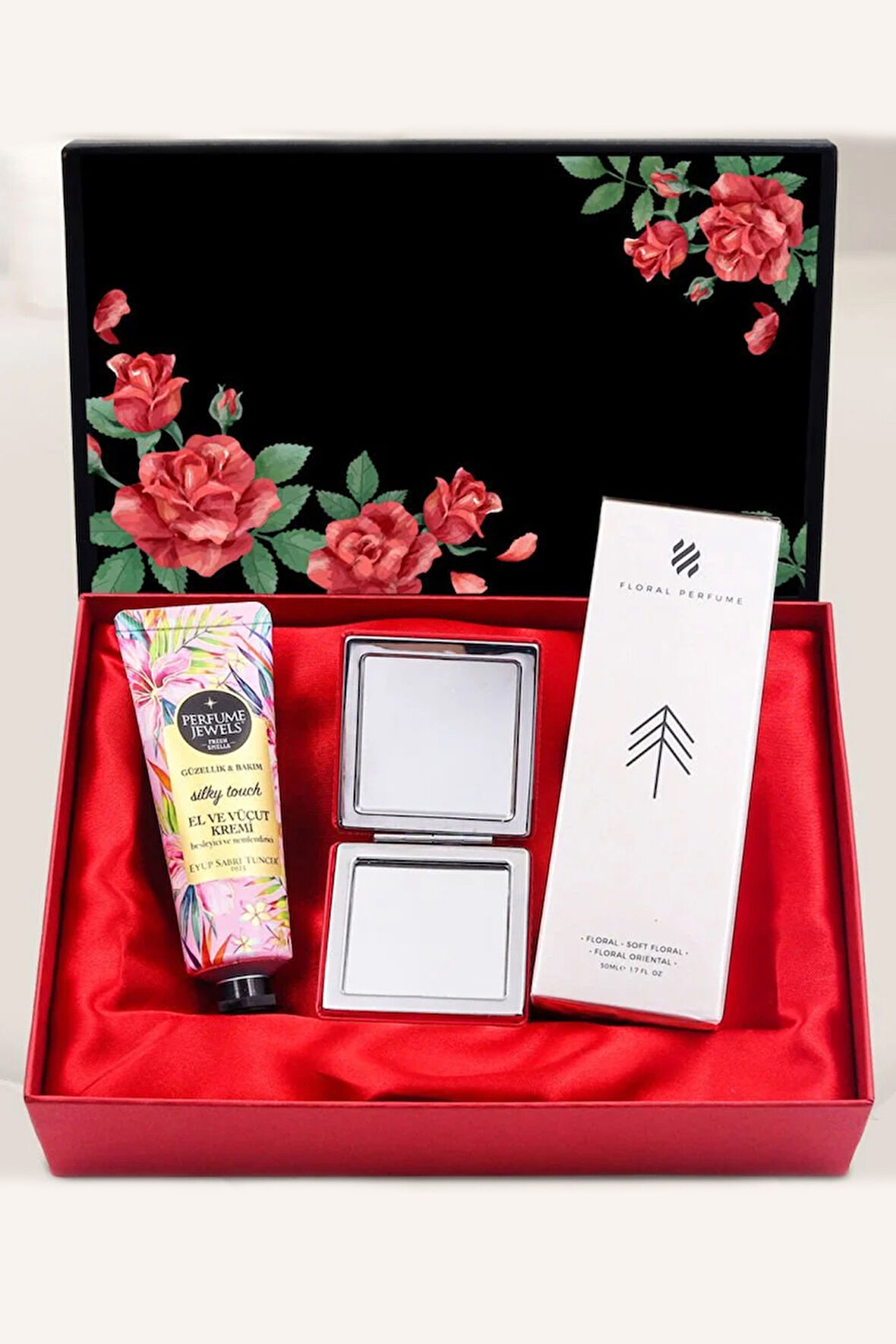 Kadın Parfüm ve  Eyüp Sabri Tuncer El ve Vücut Kremi  ve Kırmızı El Aynası Hediye Seti