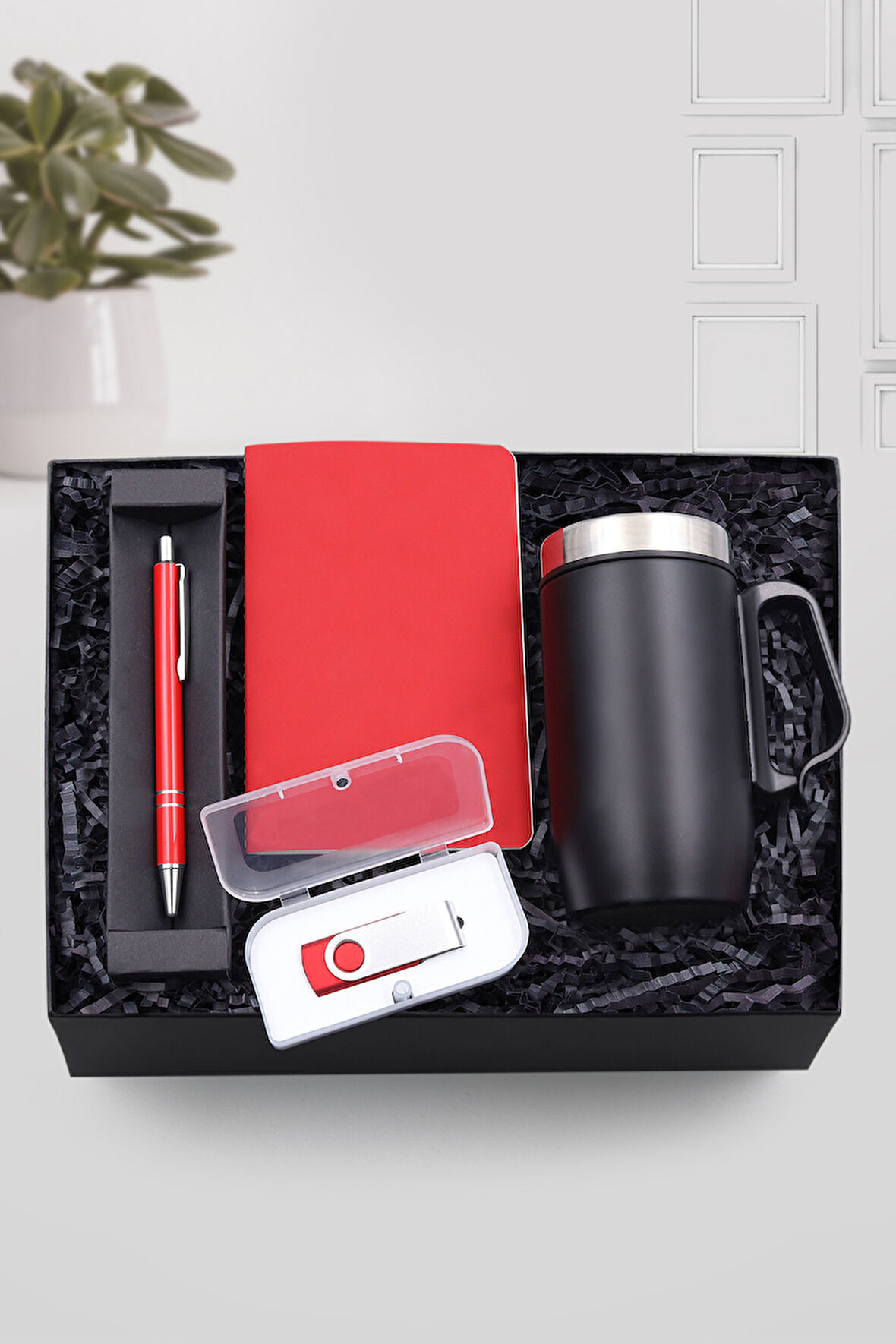 280 ML Kulplu Çelik Termos-Kırmızı Tükenmez Kalem-Kırmızı Mini Not Defteri-32 GB Usb Hediye Seti