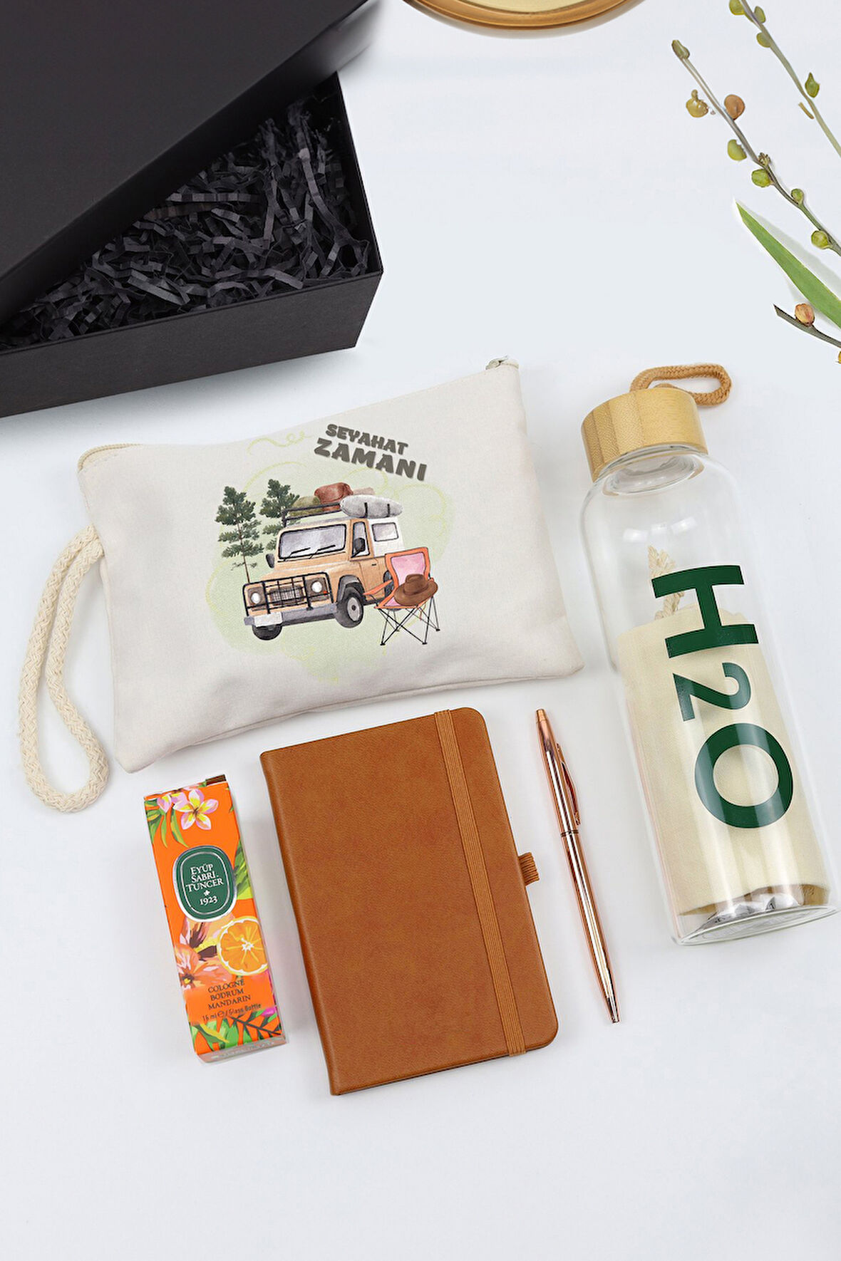 Bez El Çantası-Mini Not Defteri-Bambu Cam Matara-Rose Tükenmez Kalem-Mini Kolonya Hediye Seti