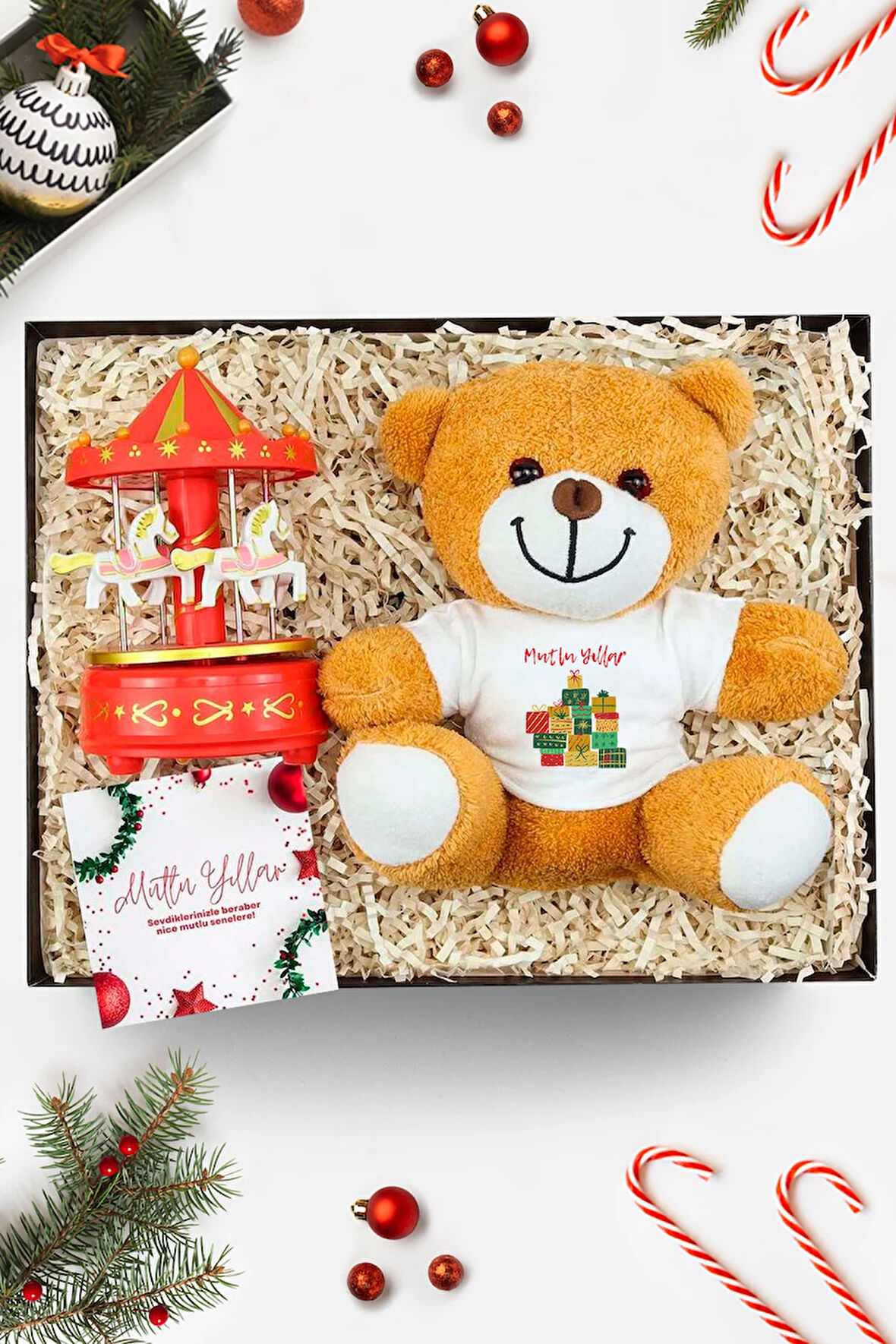 Yılbaşı Tasarımlı Peluş Ayıcık & Atlı Karınca Müzik Kutusu Yeni Yıl Hediye Seti