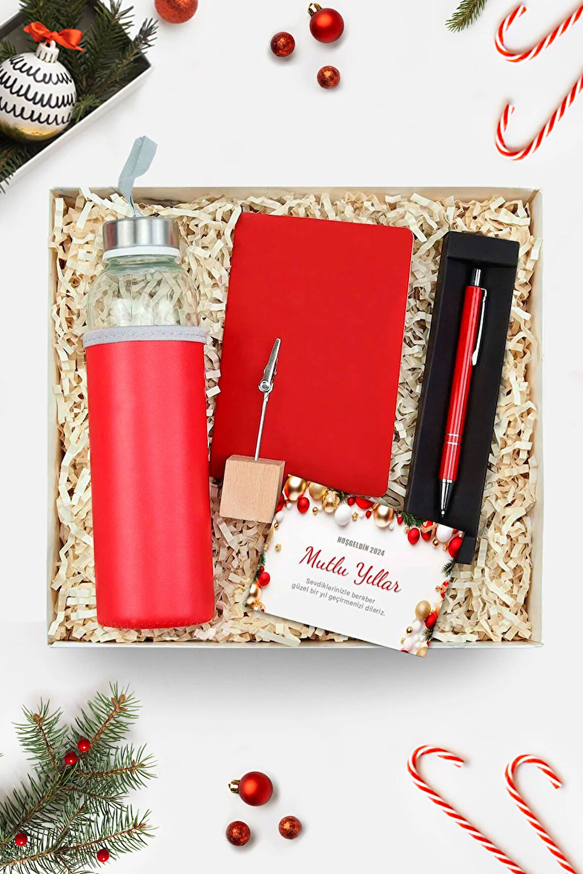 500 Ml Kırmızı Matara & Ahşap Not Tutucu & Tükenmez Kalem & Dikişli Mini Not Defteri Hediye Seti