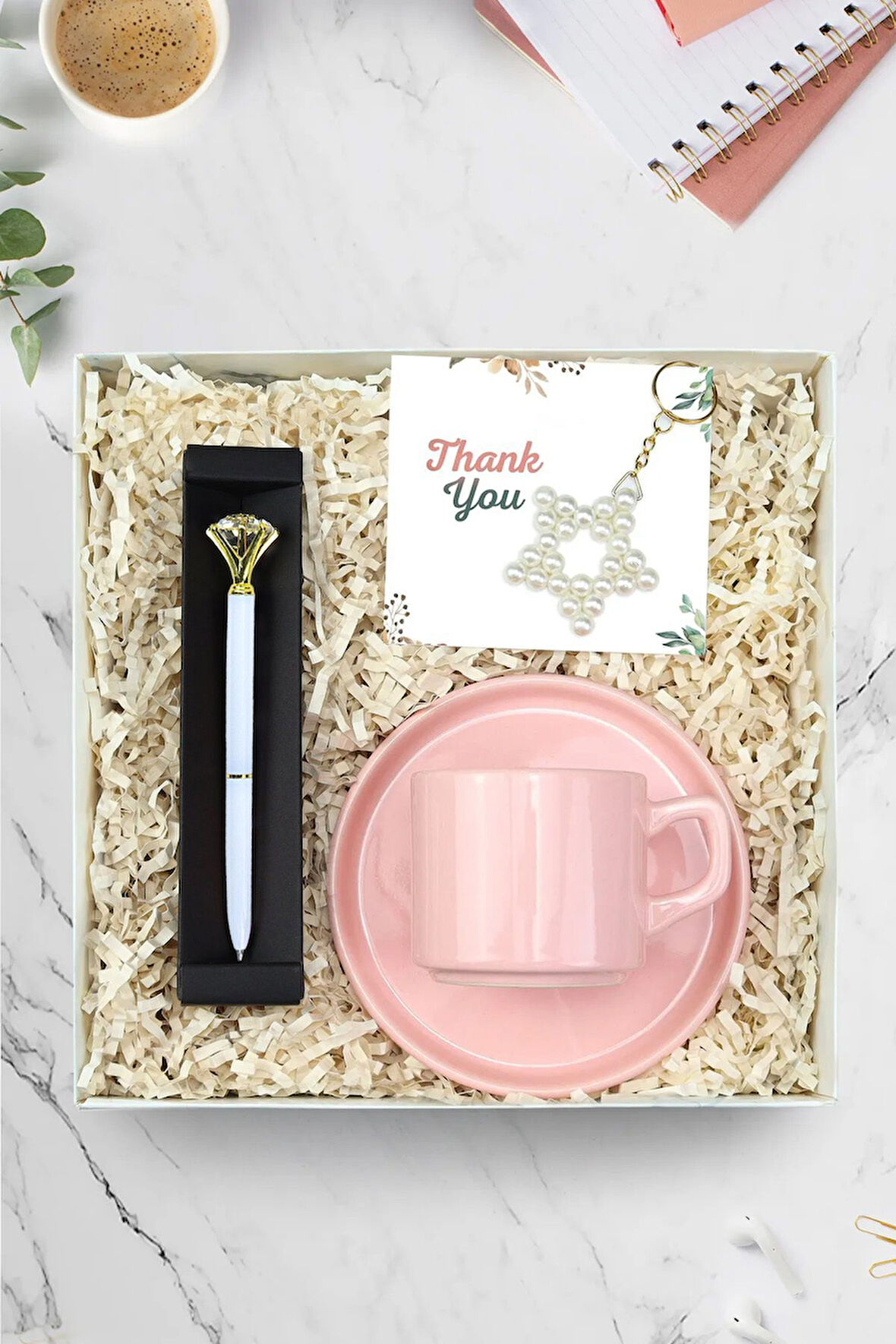 Pembe Fincan & Diamond Kalem & İnci Yıldız Anahtarlık Hediye Seti