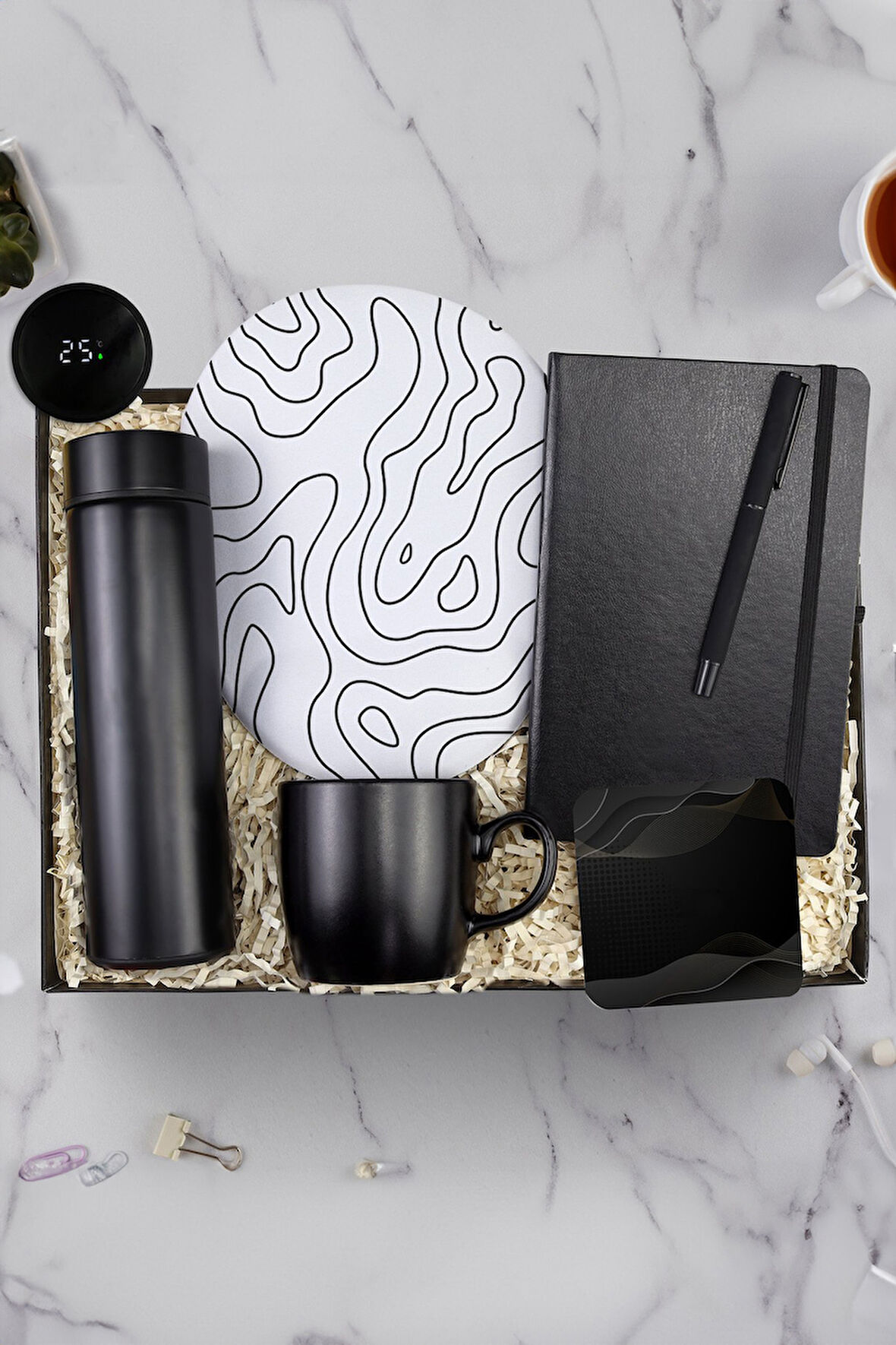 Siyah Defter & Siyah Kalem & Siyah Kupa & Mousepad & Bardak Altlığı & Dereceli Termos Hediye Seti