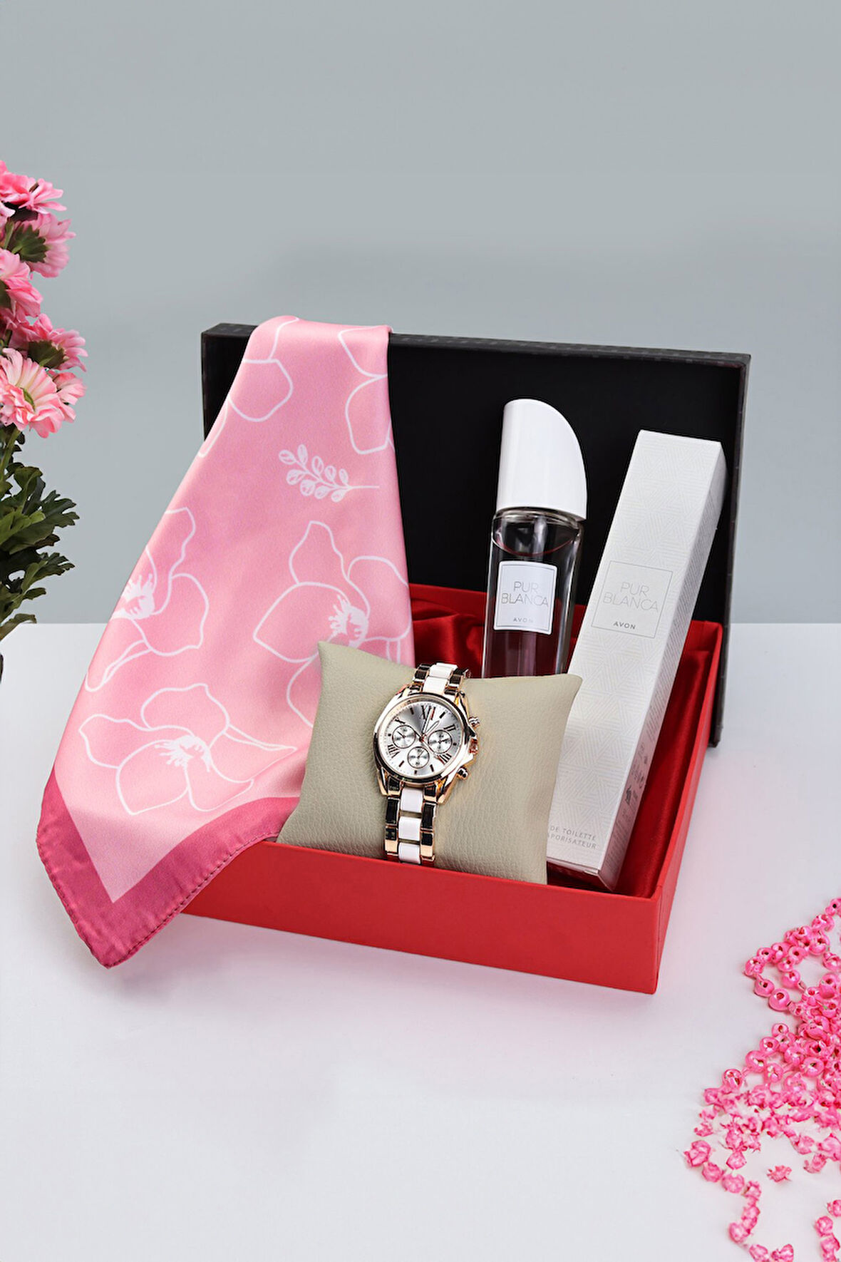 Pembe Tasarım Fular & Kadın Parfüm & Metal Kordon Kadın Kol Saati Kadına Hediye Seti