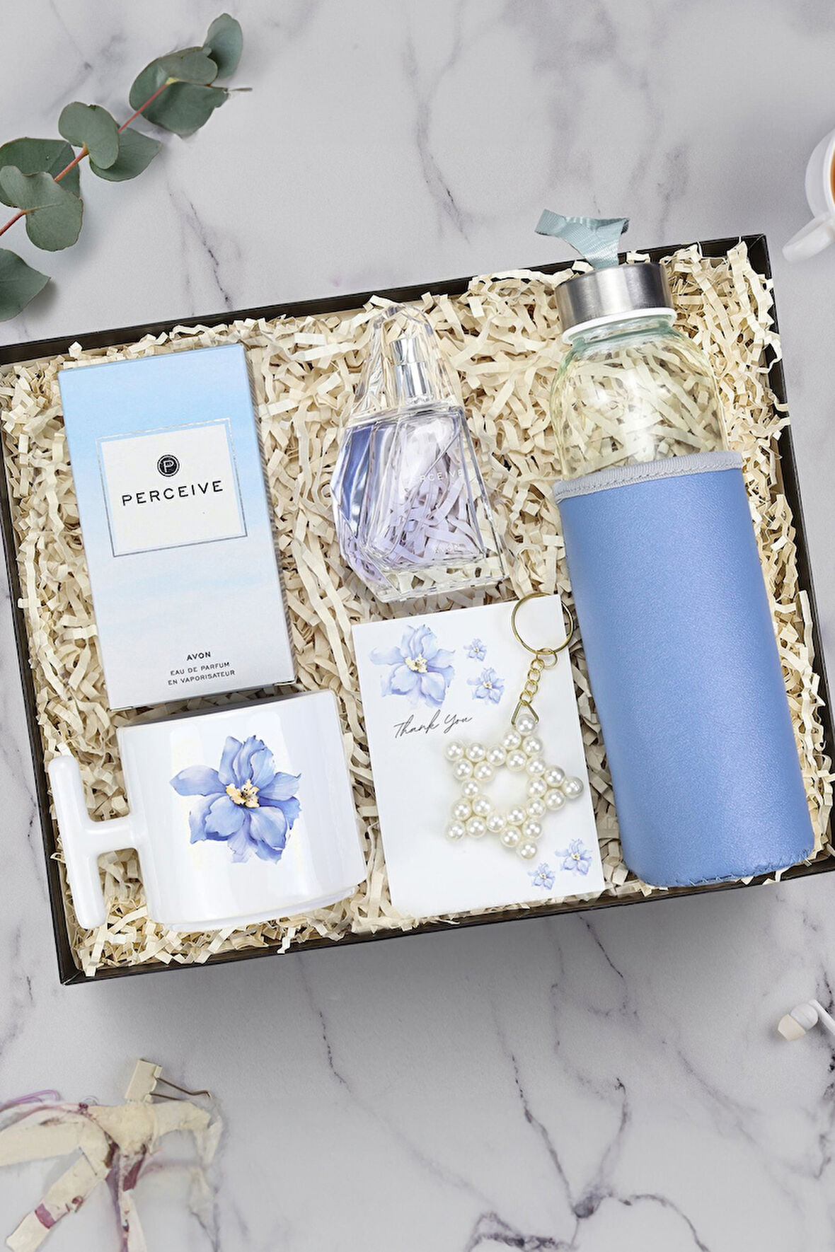 T kupa & Deri Kılıflı Su Matarası & Perceive Kadın Parfüm & İnci Yıldız Anahtarlık Hediye Seti