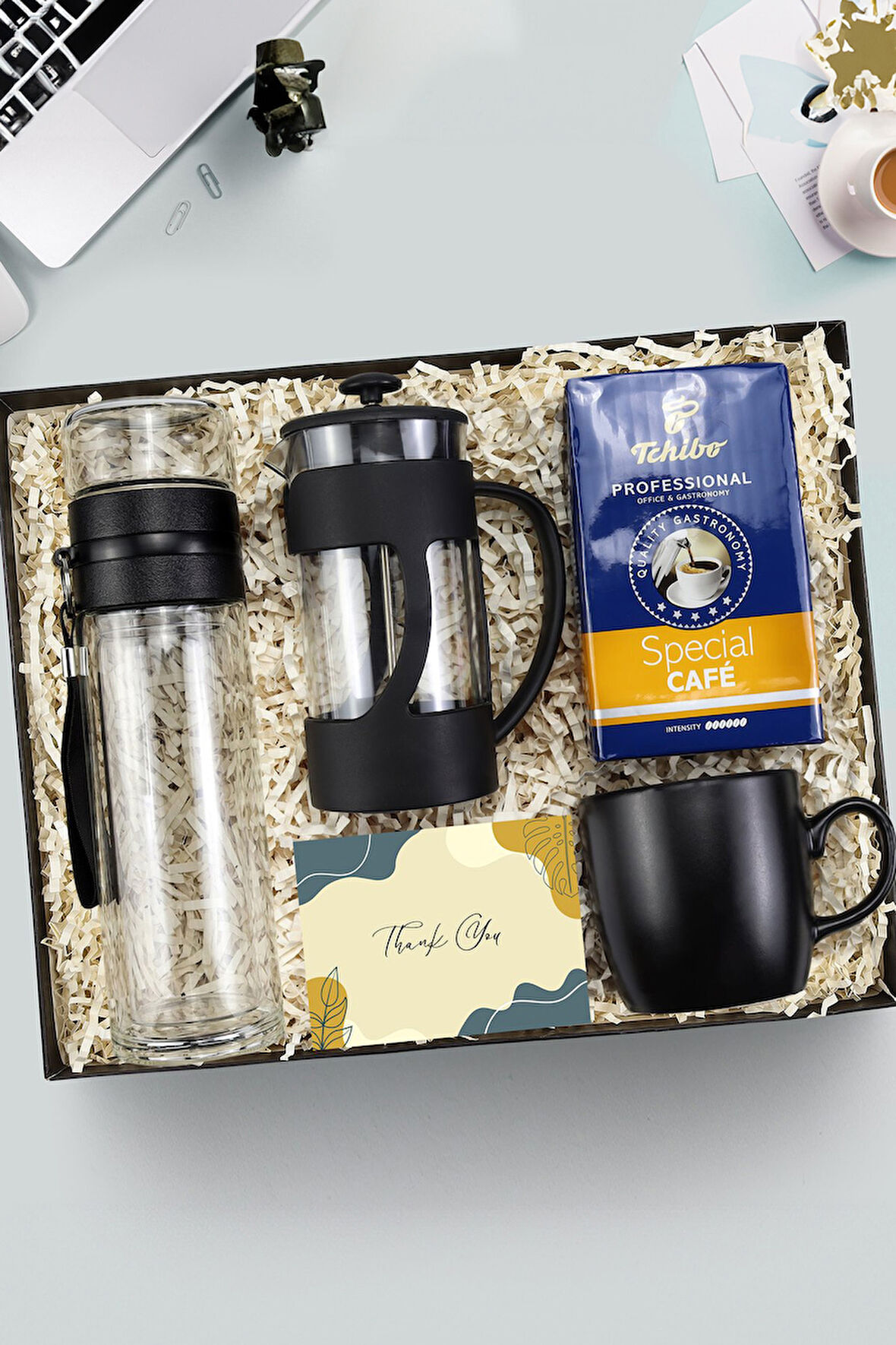 Cam Demlik Matara & Tchibo Special Filtre Kahve & Siyah Kupa & Siyah French Press Hediye Seti