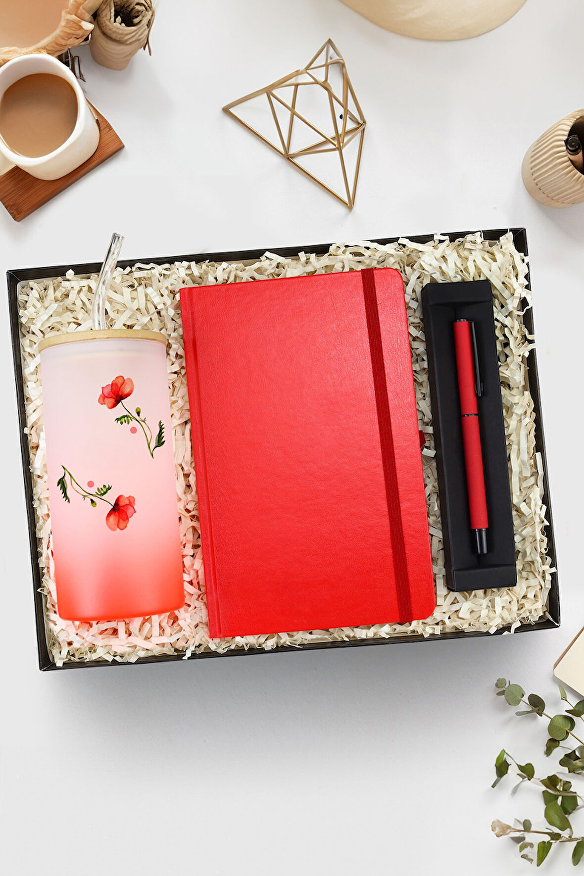 Pipetli Buzlu Cam Bardak & Mat Roller Kalem & Kırmızı Defter Hediye Seti
