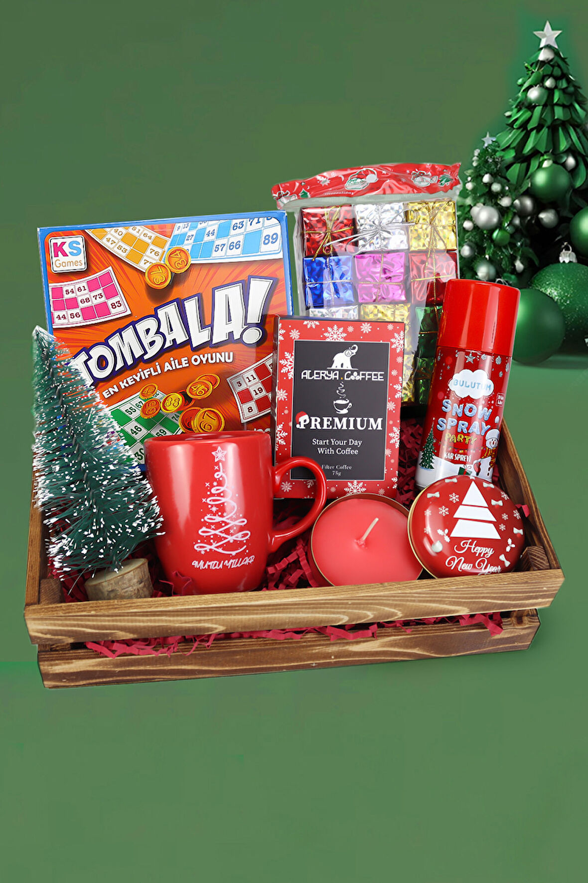 Tombala &  Kupa & Filtre Kahve & Mum &  Çam Ağacı & Kar Spreyi & Yılbaşı Ağaç Süsü Hediye Seti