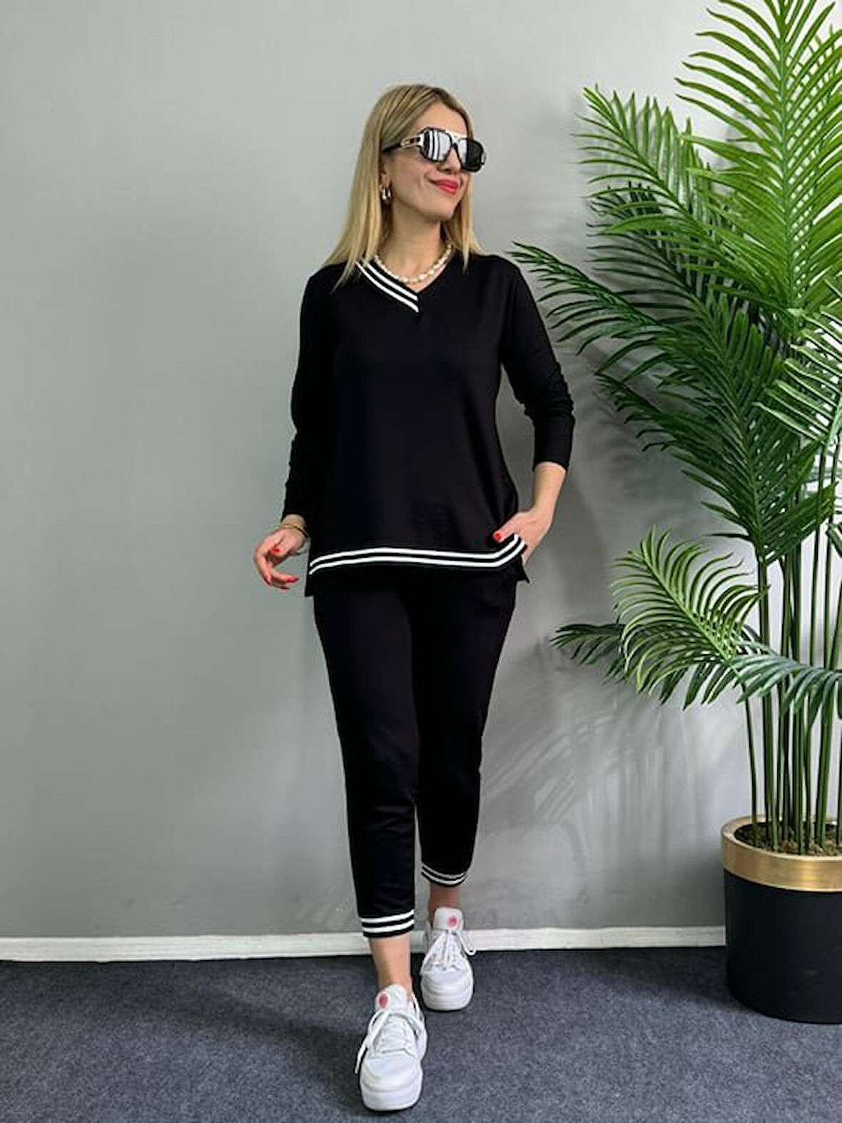 Yonca Moda Evi Kadın Yeni Sezon Uzun Kollu Ribana Detay Ikili Takım