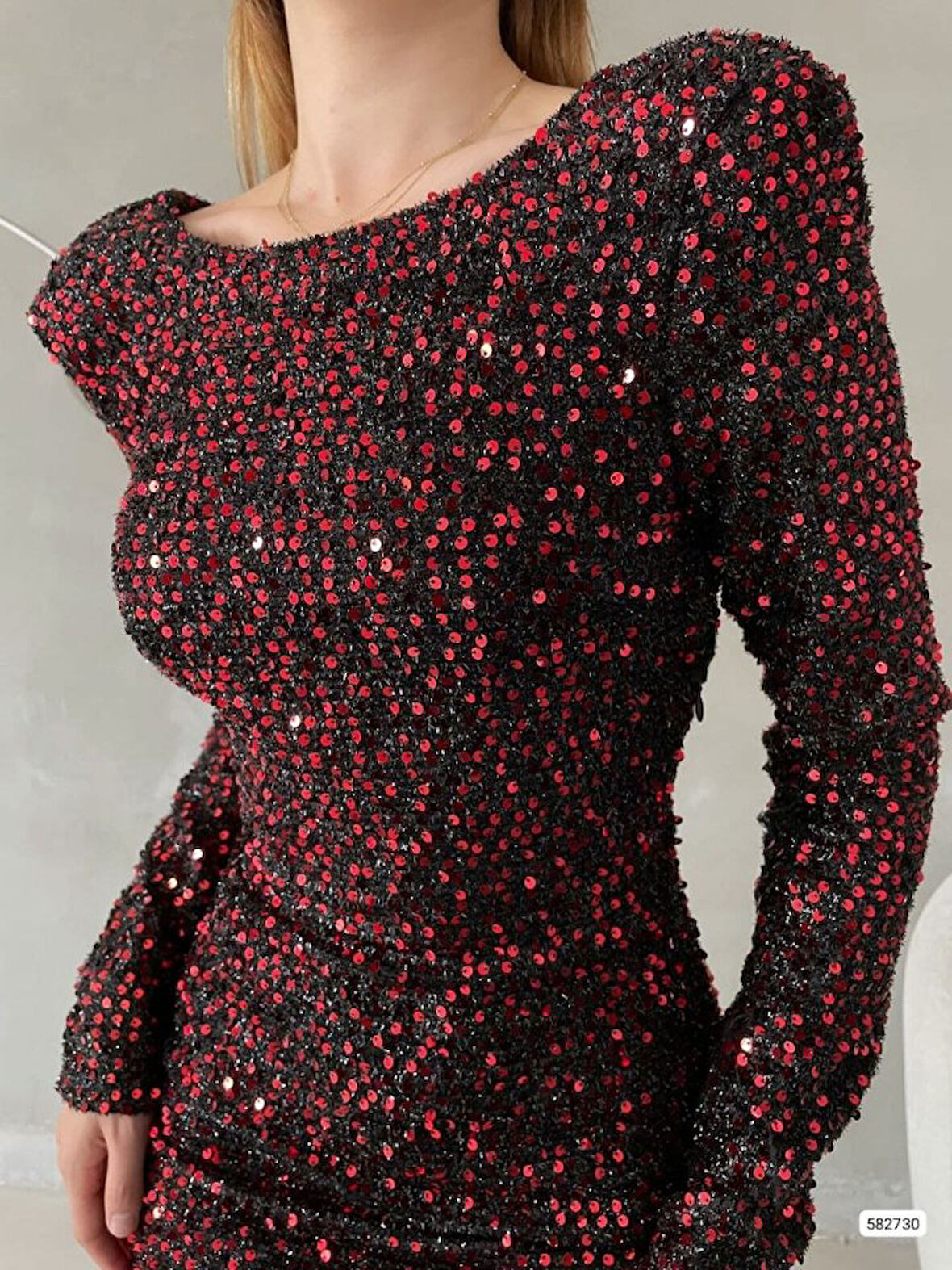 Yonca Moda Evi Kadın Uzun Kollu Vatka Detay Full Pul Payet Mini Elbise