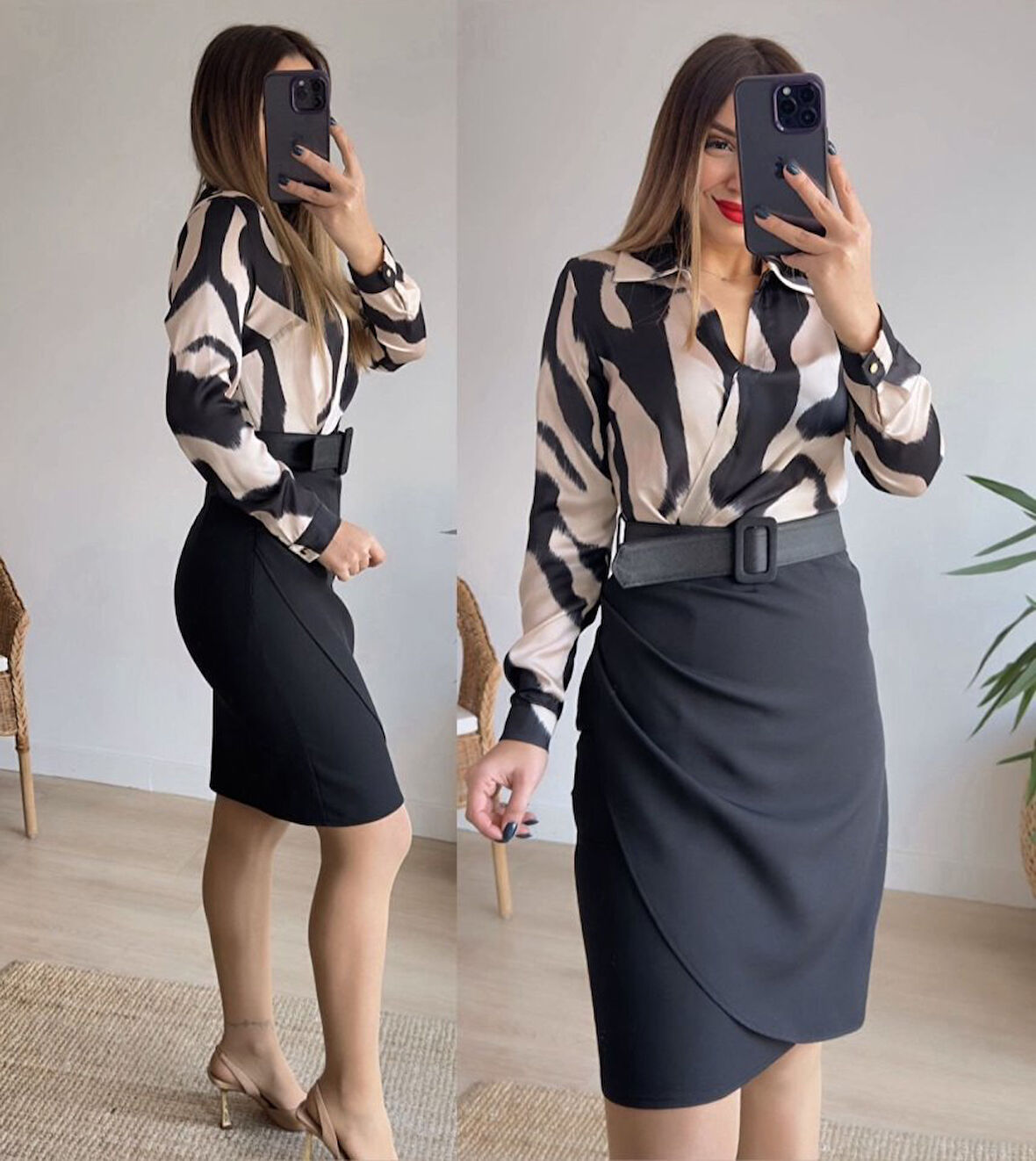 Yonca Moda Evi Kadın Uzun Kollu Yakalı üst Dalgıç Eteği Krep Kemerli Elbise