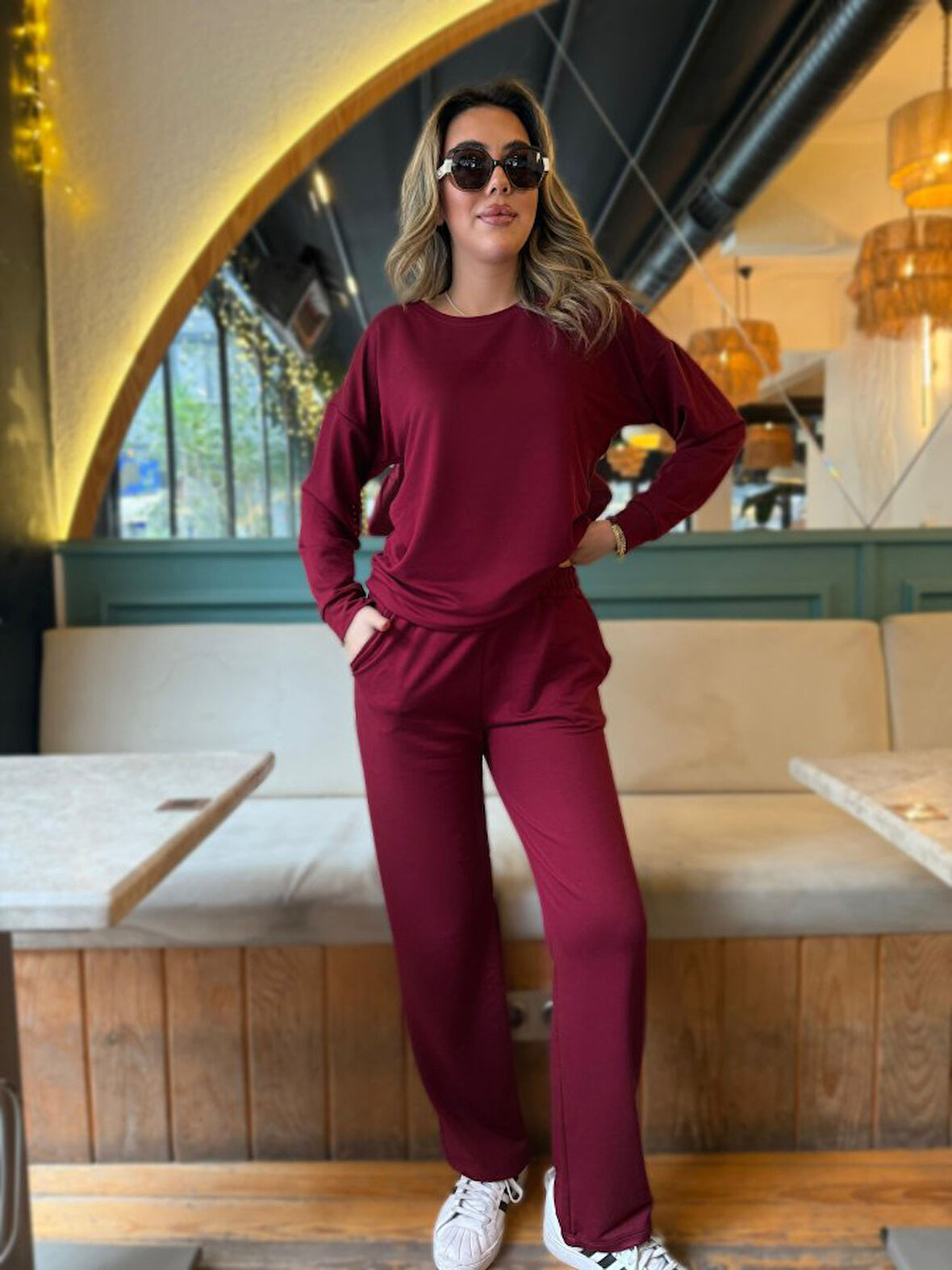 Yonca Moda Evi Kadın Uzun Kollu Bisiklet Yaka Viskon Iki Iplik Bluz Ve Pantolon Ikili Takım
