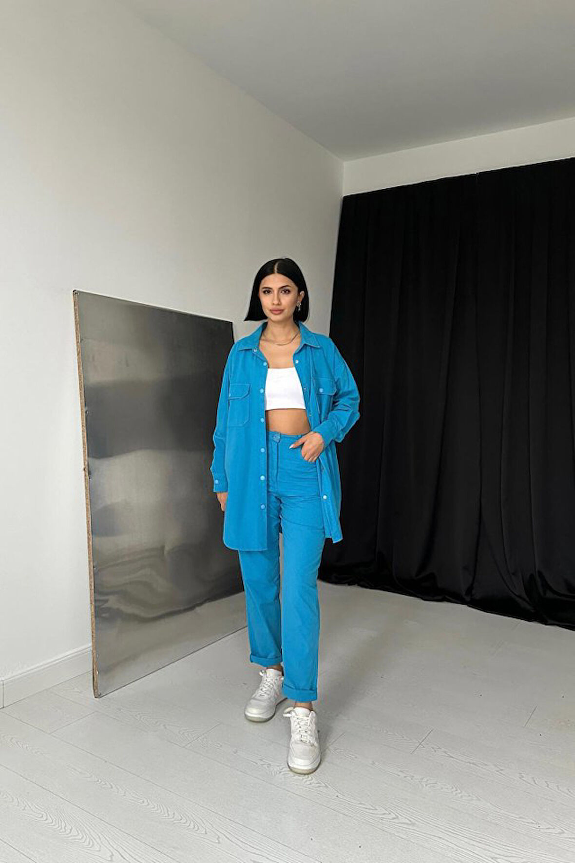 Yonca Moda Evi Mavi Gömlek Ve Çıtçıtlı Pantolon Takım
