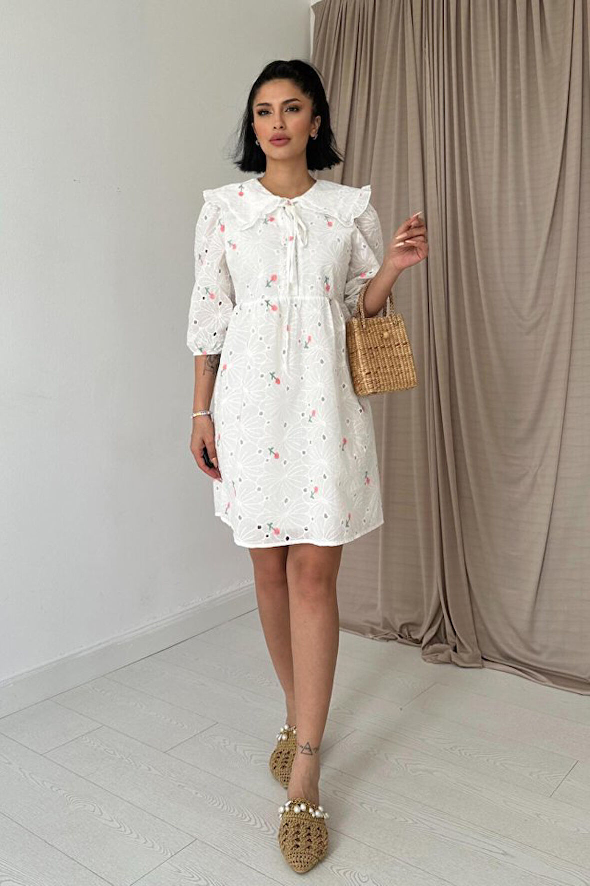 Yonca Moda Evi Pembe Bebe Yakalı Brode Elbise