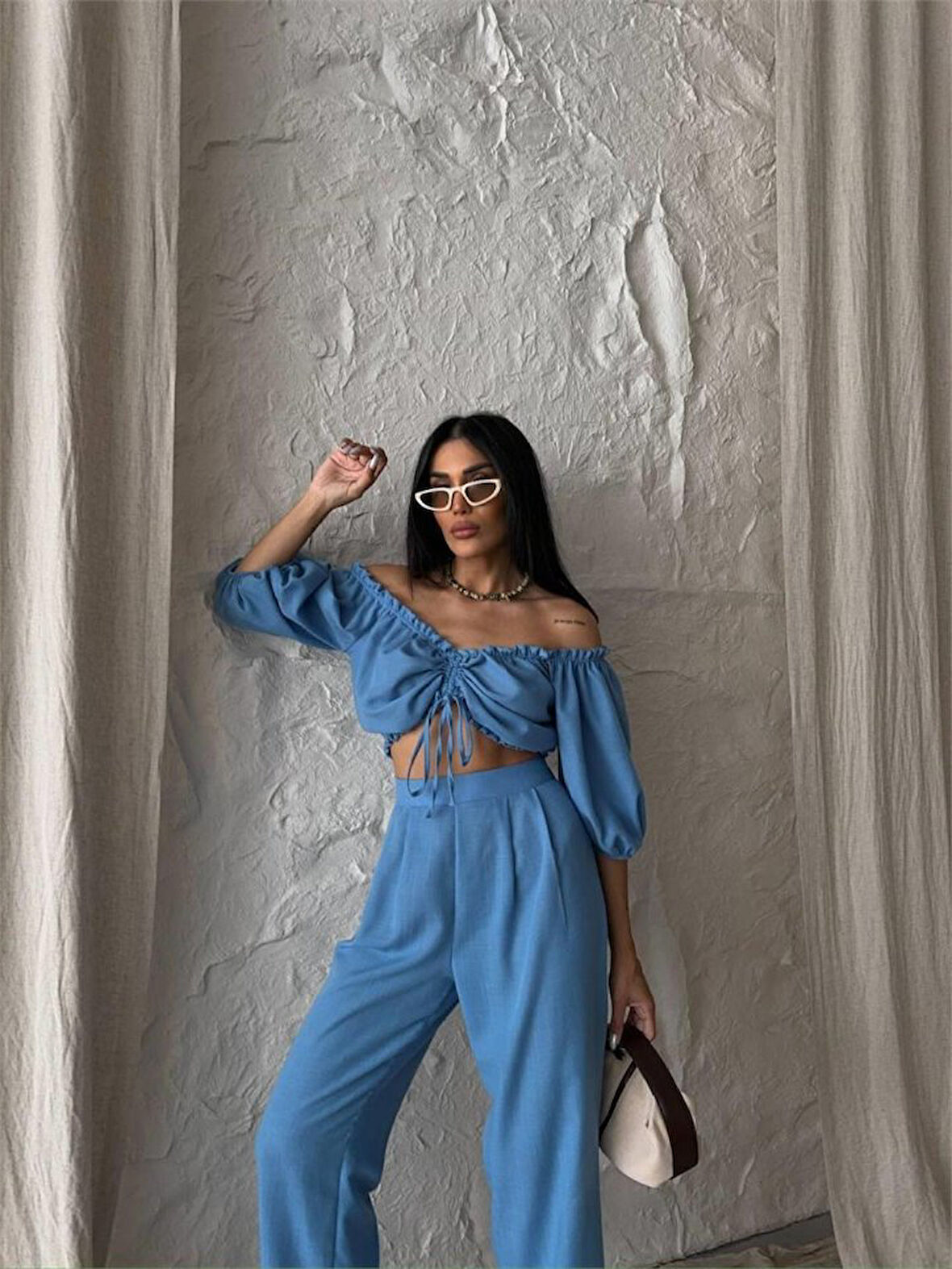 Yonca Moda Evi KETEN CROP BLUZ BÜZGÜ YAKA + PANTOLON TAKIM - Mavi
