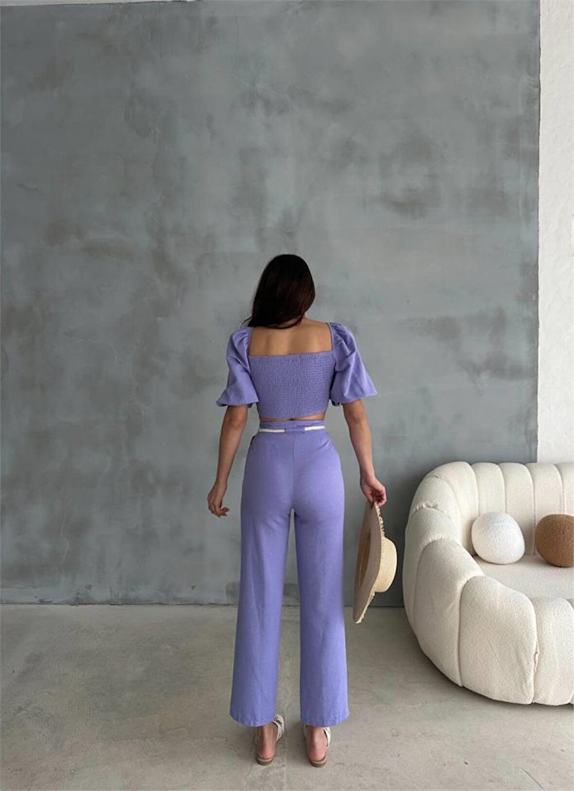 Yonca Moda Evi KETEN CROP KARPUZ KOL BLUZ-PANTOLON HASIR KEMERLİ - Mor