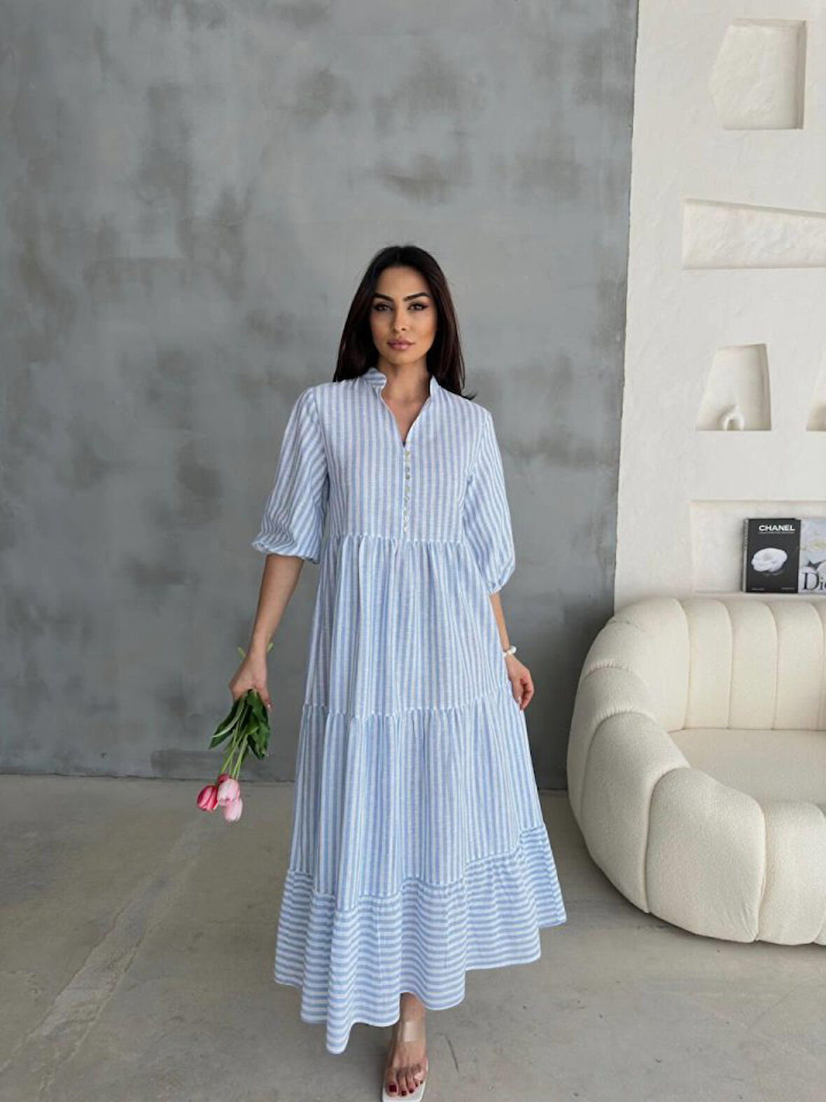 Yonca Moda Evi ÇİZGİLİ KETEN HAKİM YAKA DÜĞMELİ SALAŞ ELBİSE - Mavi