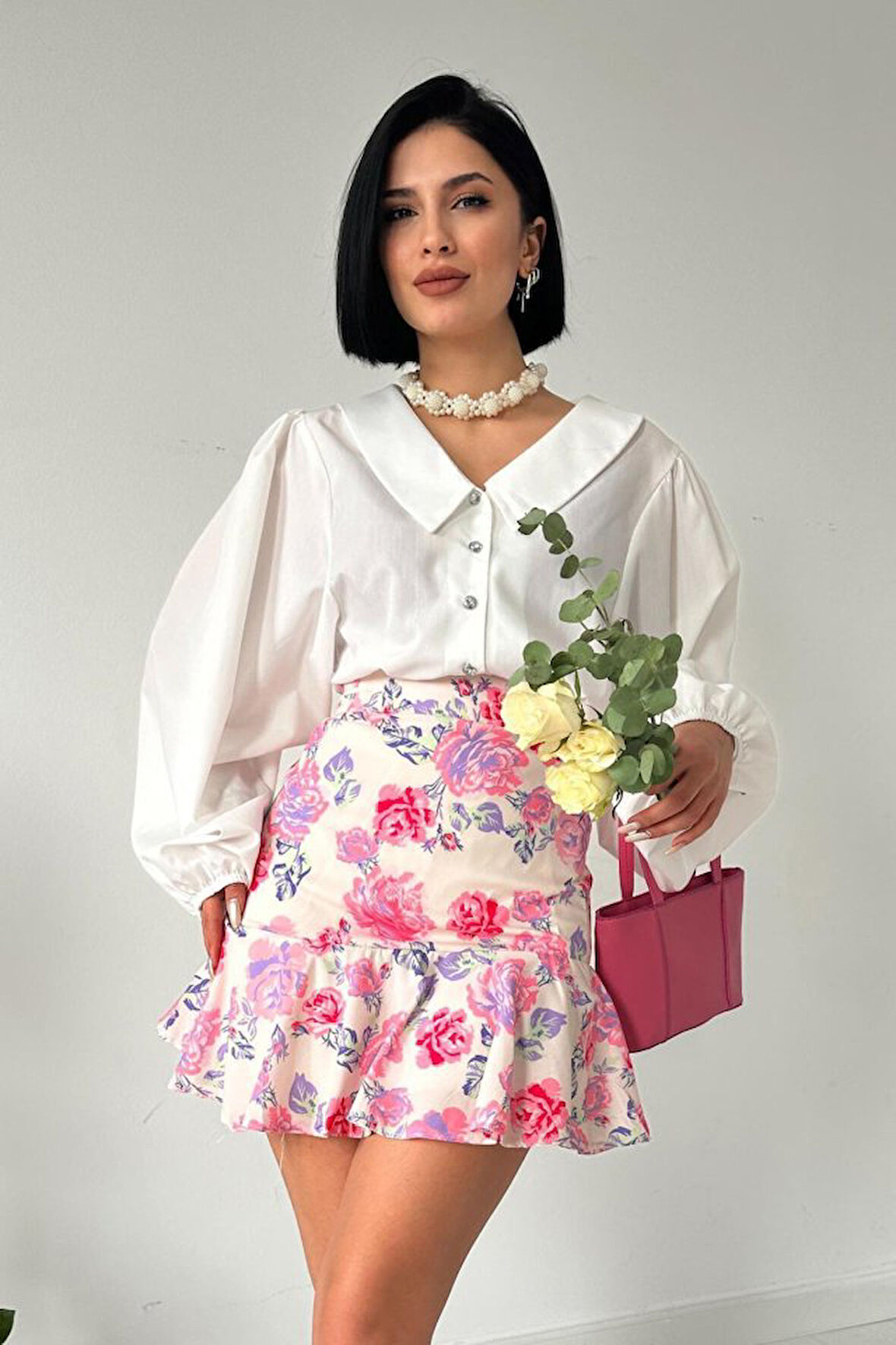 Yonca Moda Evi Pembe Çiçekli Etek