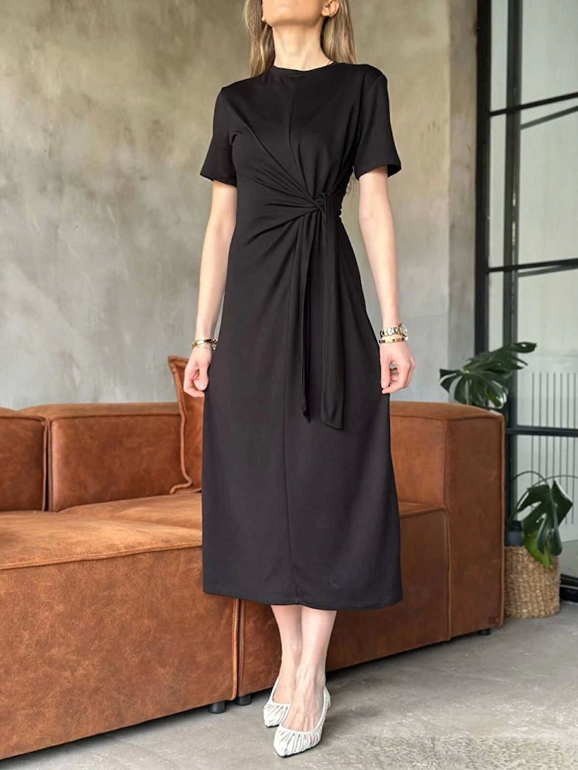 Yonca Moda Evi Osy Modal Yumuşak Dokulu Kumaş  Yandan Bağlamalı Elbise - Siyah