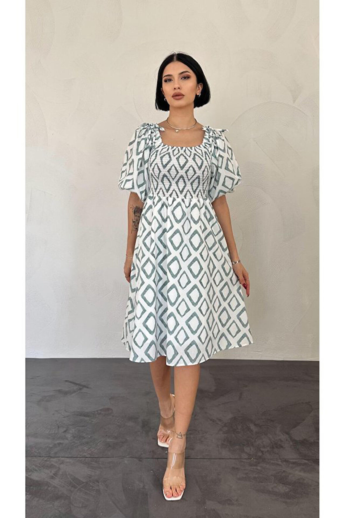 Yonca Moda Evi Yeşil Kare Desenli Yazlık Elbise