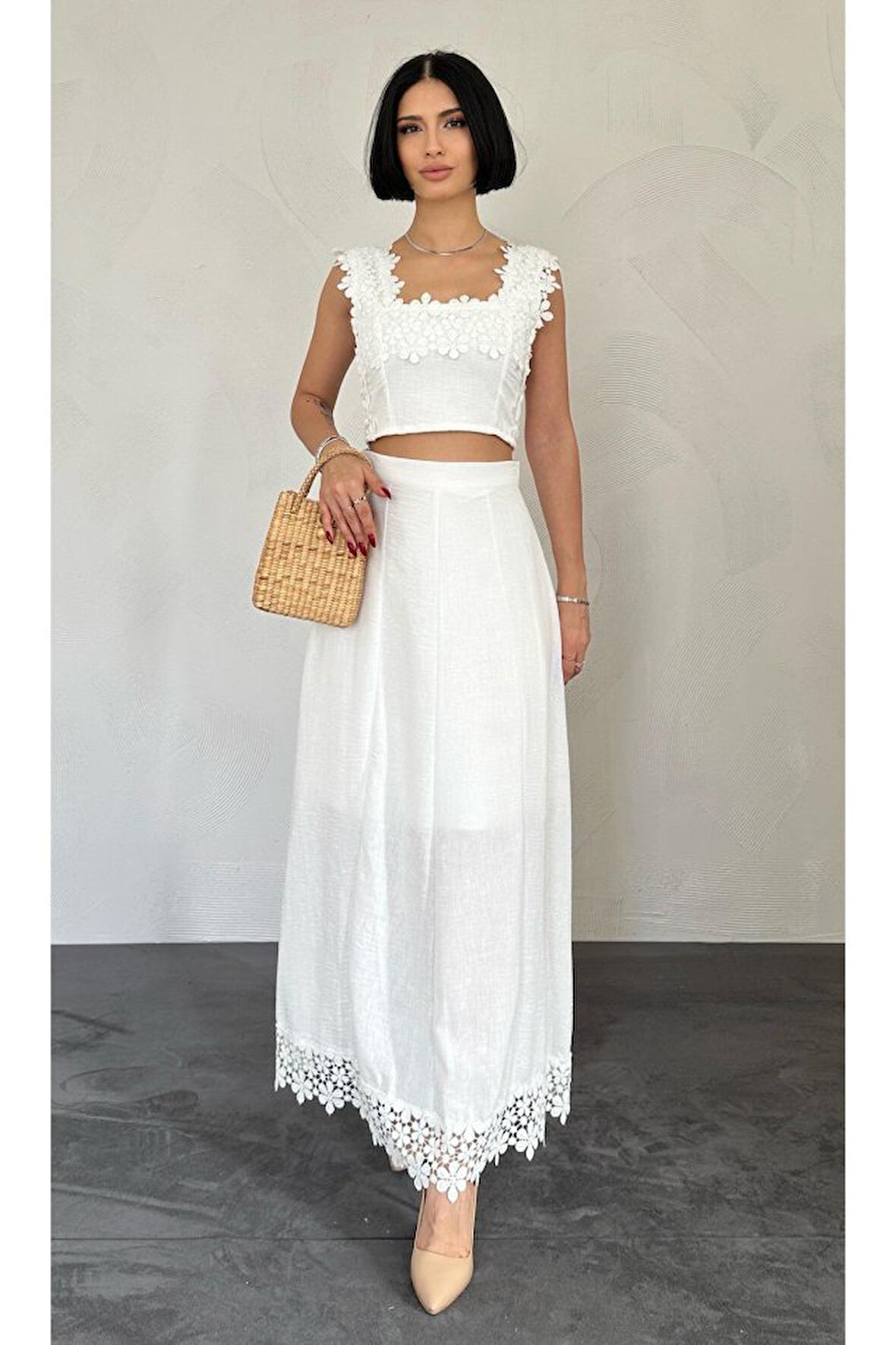 Yonca Moda Evi Beyaz Güpürlü Crop Ve Etek Takım