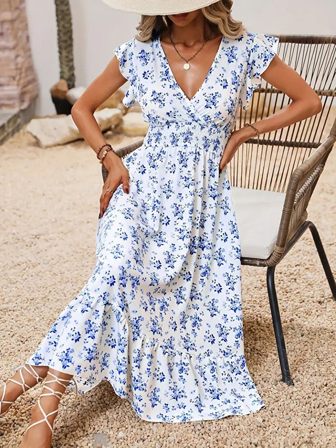 Yonca Moda Evi Kadın Kısa Kollu Kruvaze Yakalı Beli Lastikli çiçek Desenli Elbise