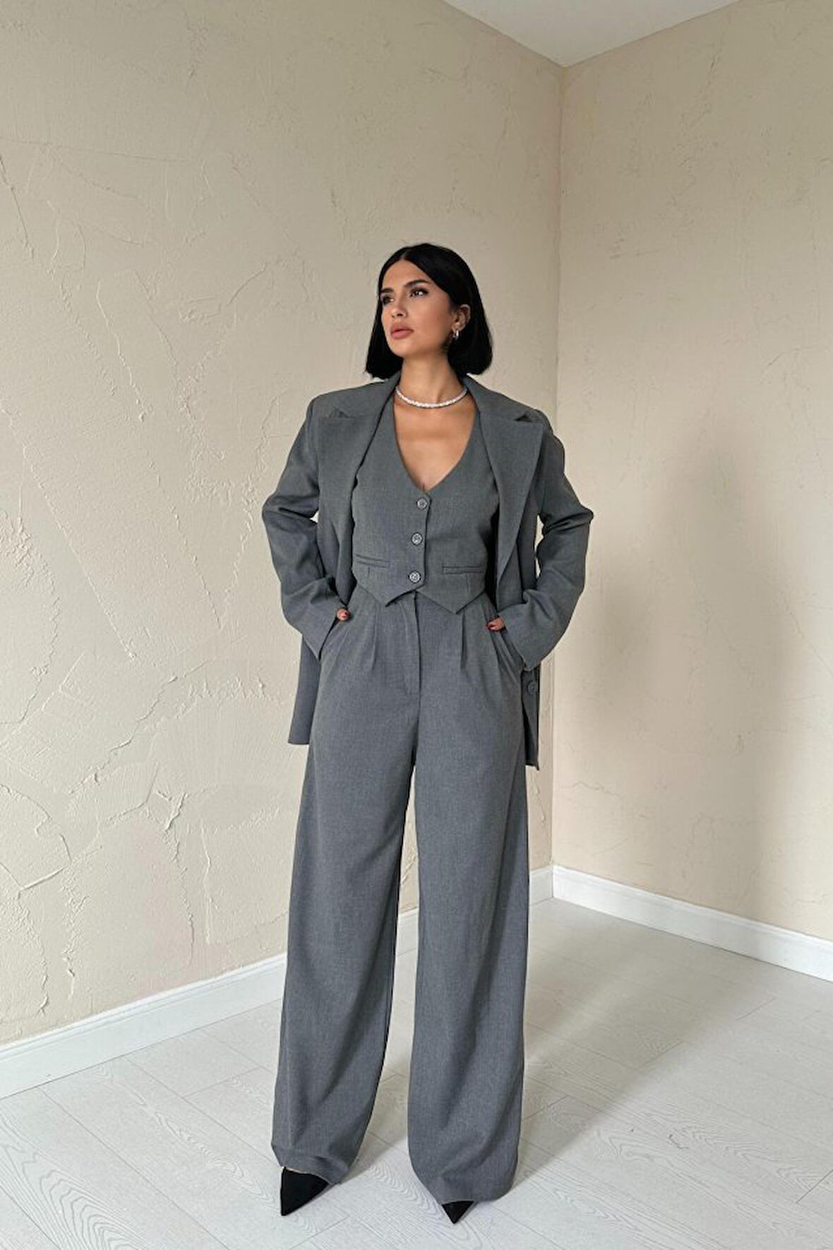 Yonca Moda Evi Antrasit Klas Ceket Ve Yelek Ve Pantolon Takım