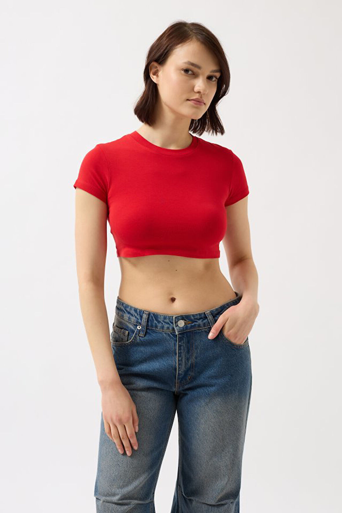 Yonca Moda Evi Likralı Basic Crop T-Shirt