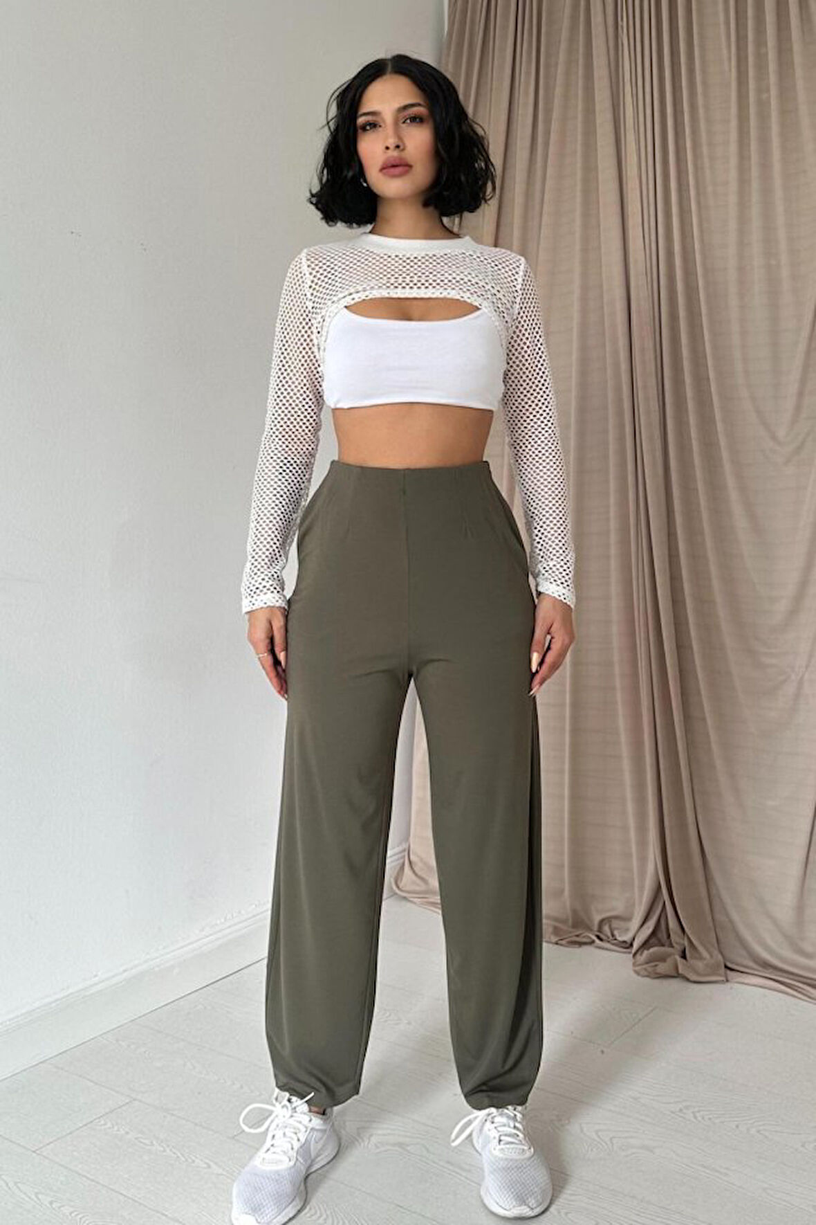 Yonca Moda Evi Haki Pensli Lastik Detaylı Pantolon