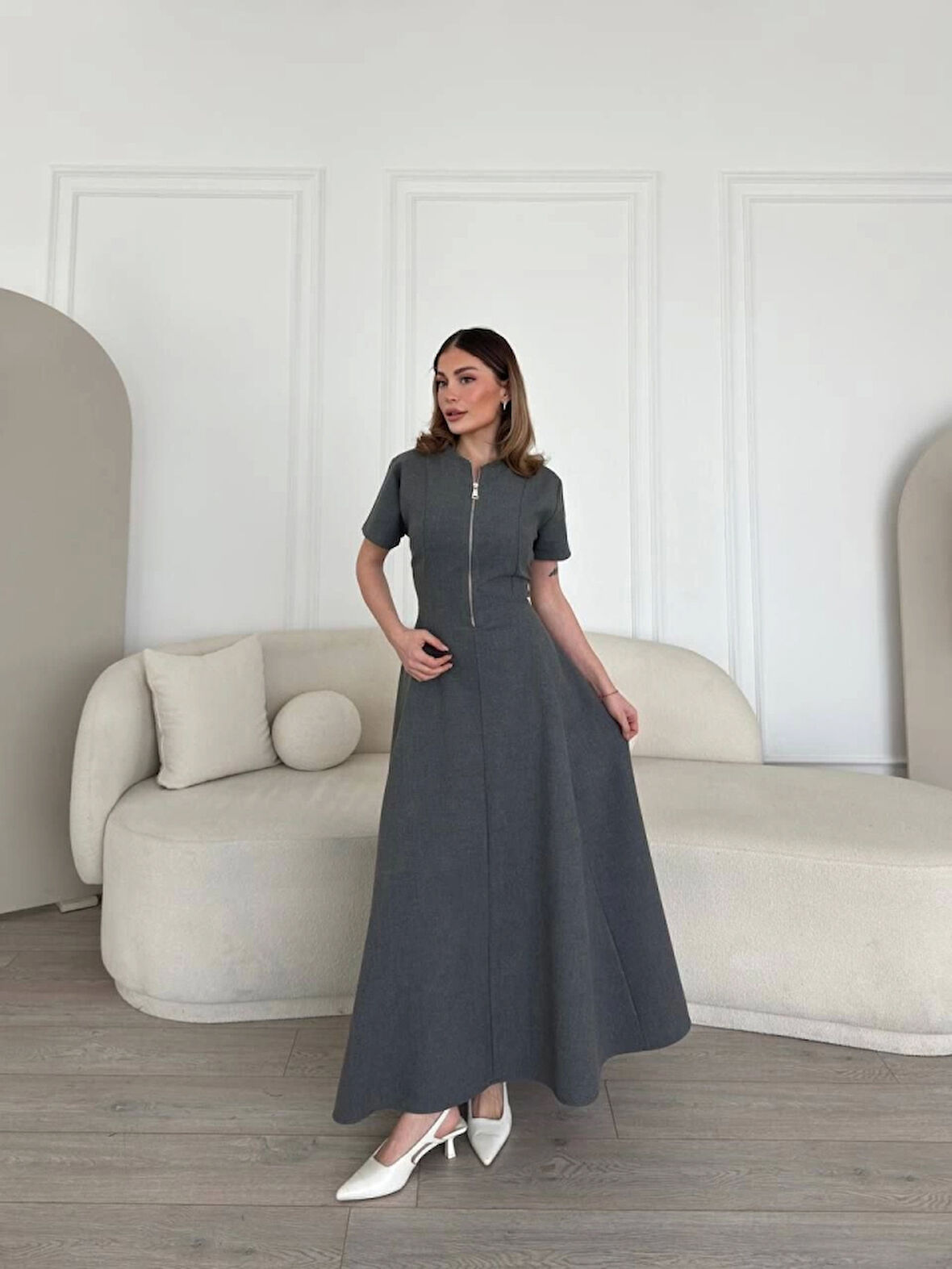 Yonca Moda Evi Kısa Kollu Önden Fermuarlı Çan Etekli Uzun Elbise - Antrasit