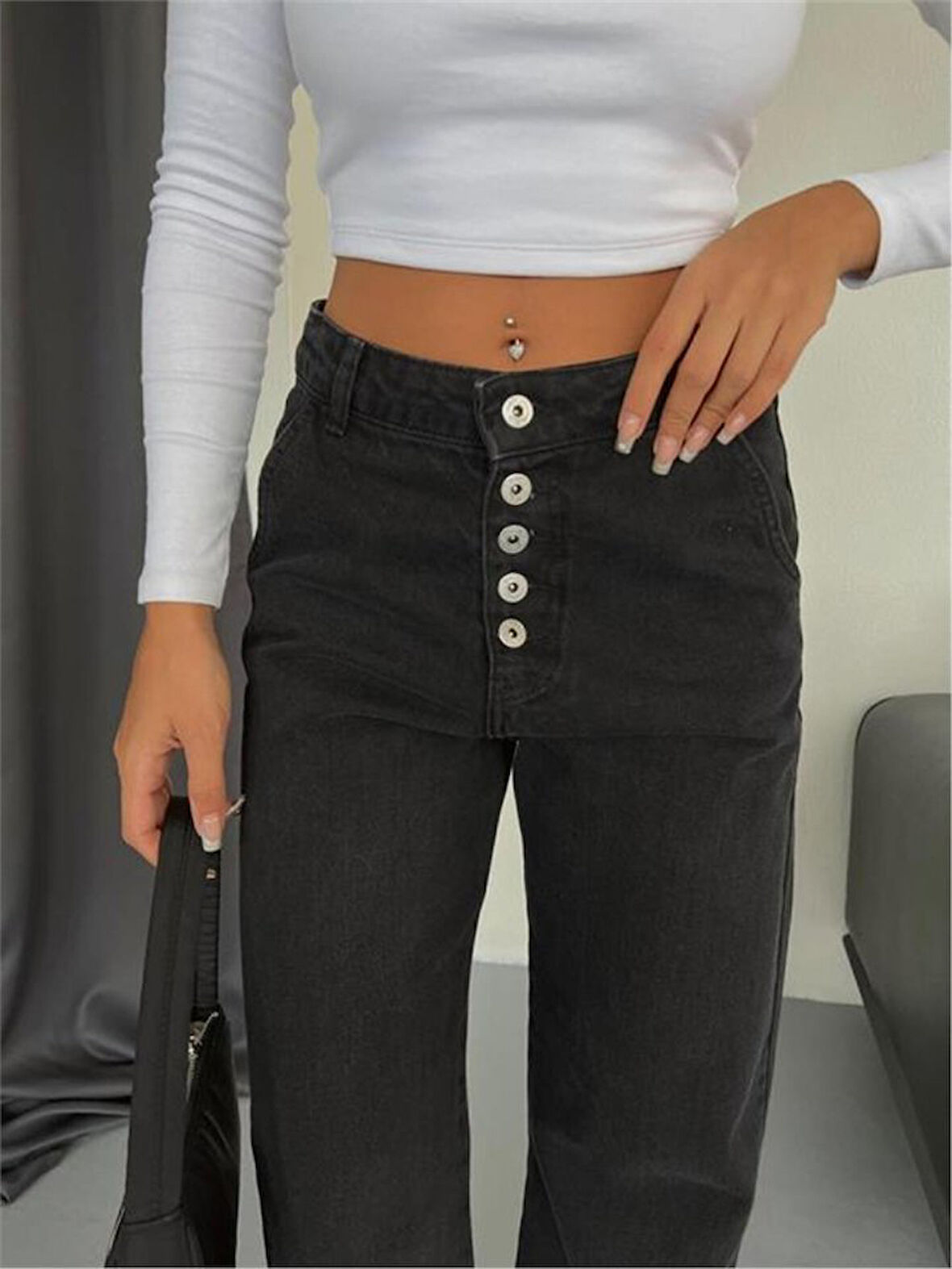 Yonca Moda Evi DÜĞMELİ KOT PANTOLON - Siyah